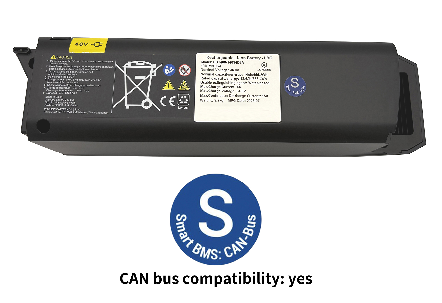 Schwarzer Akku mit Warnhinweisen, Produktspezifikationen und einem blauen Smart-BMS-Aufkleber. Text: 'CAN-Bus-Kompatibilität: ja'.