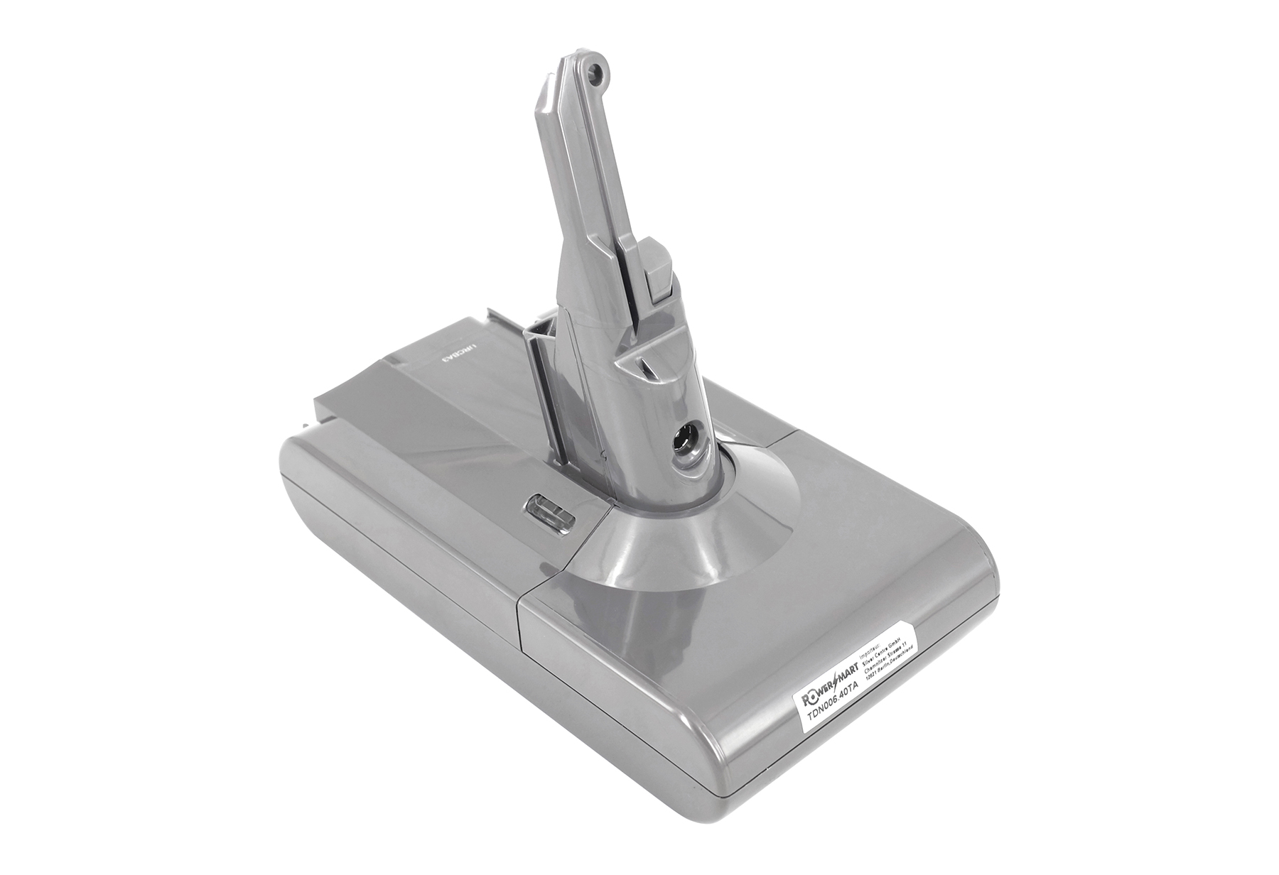 Una batteria grigia per aspirapolvere con manico verticale. L'etichetta dice 'POWER MART TDN006.40TA'.