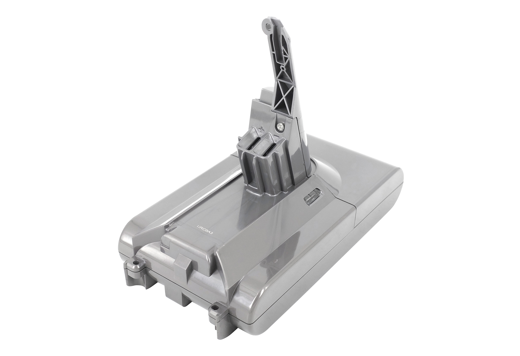 Un pacco batteria grigio per aspirapolvere Dyson su sfondo bianco. Ha una maniglia e connettori.