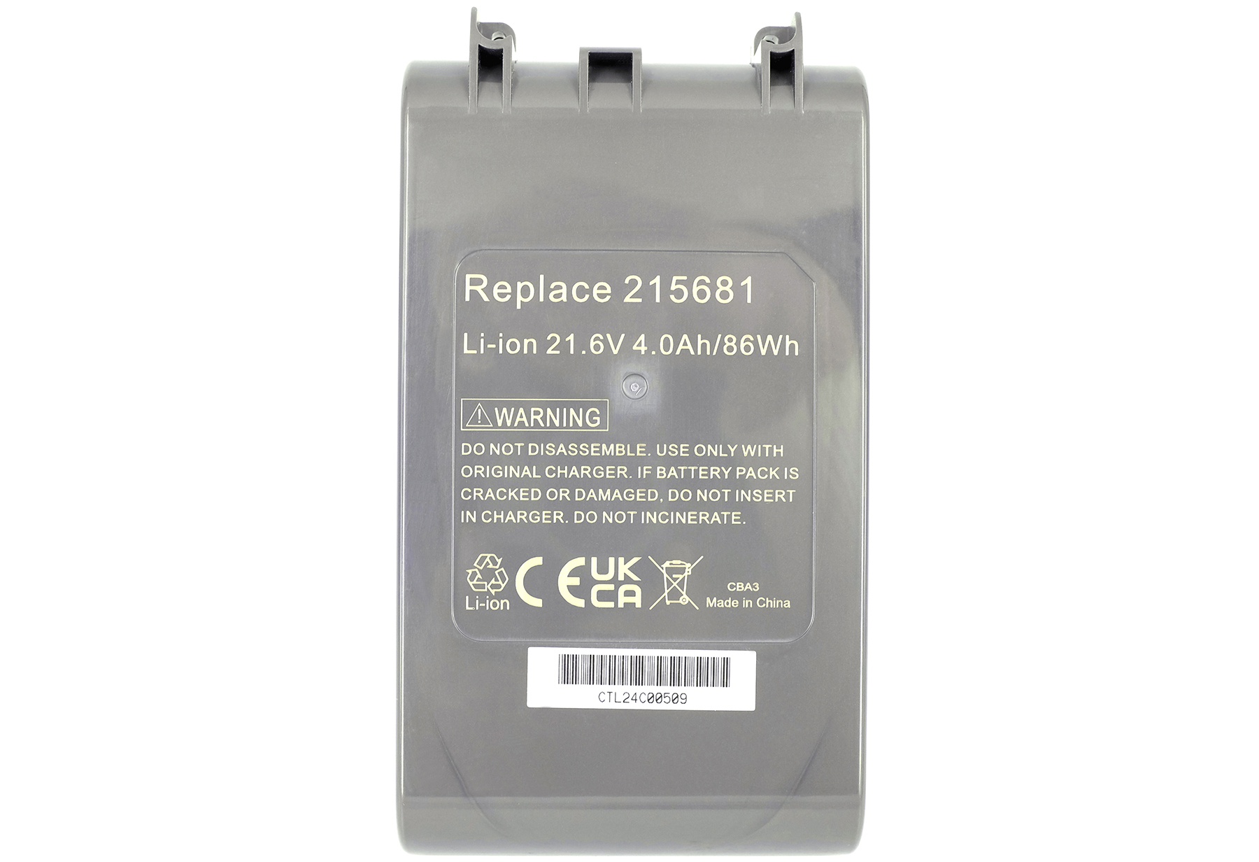 Una batteria grigia con testo: Replace 215681, Li-ion 21.6V 4.0Ah/86Wh, e un'avvertenza. Ha vari simboli e codici.