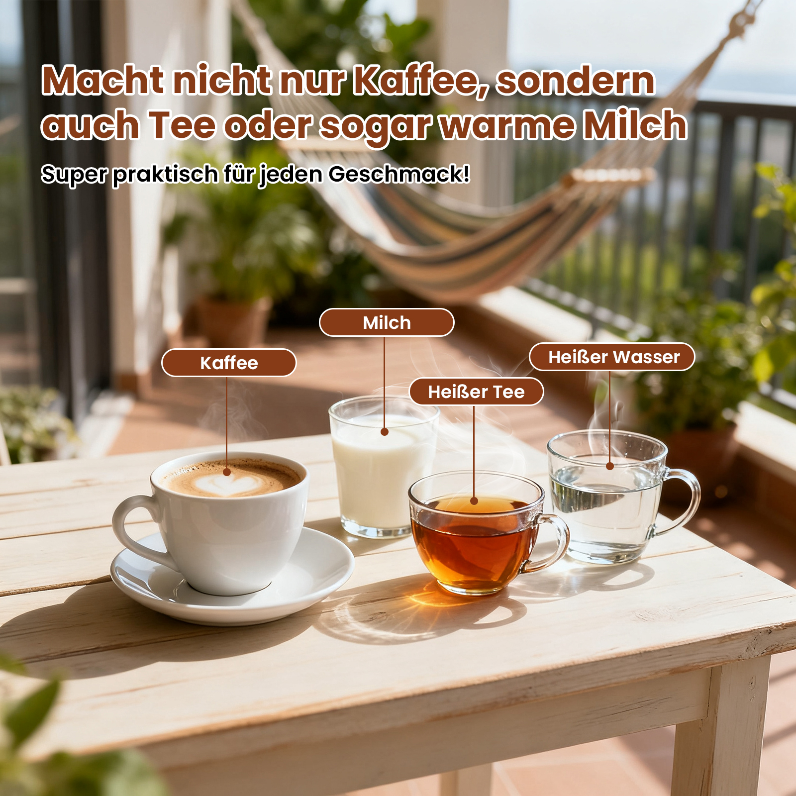 Ein Tisch mit Kaffee, Milch, Tee und Wasser. Im Hintergrund eine Hängematte und Grün.