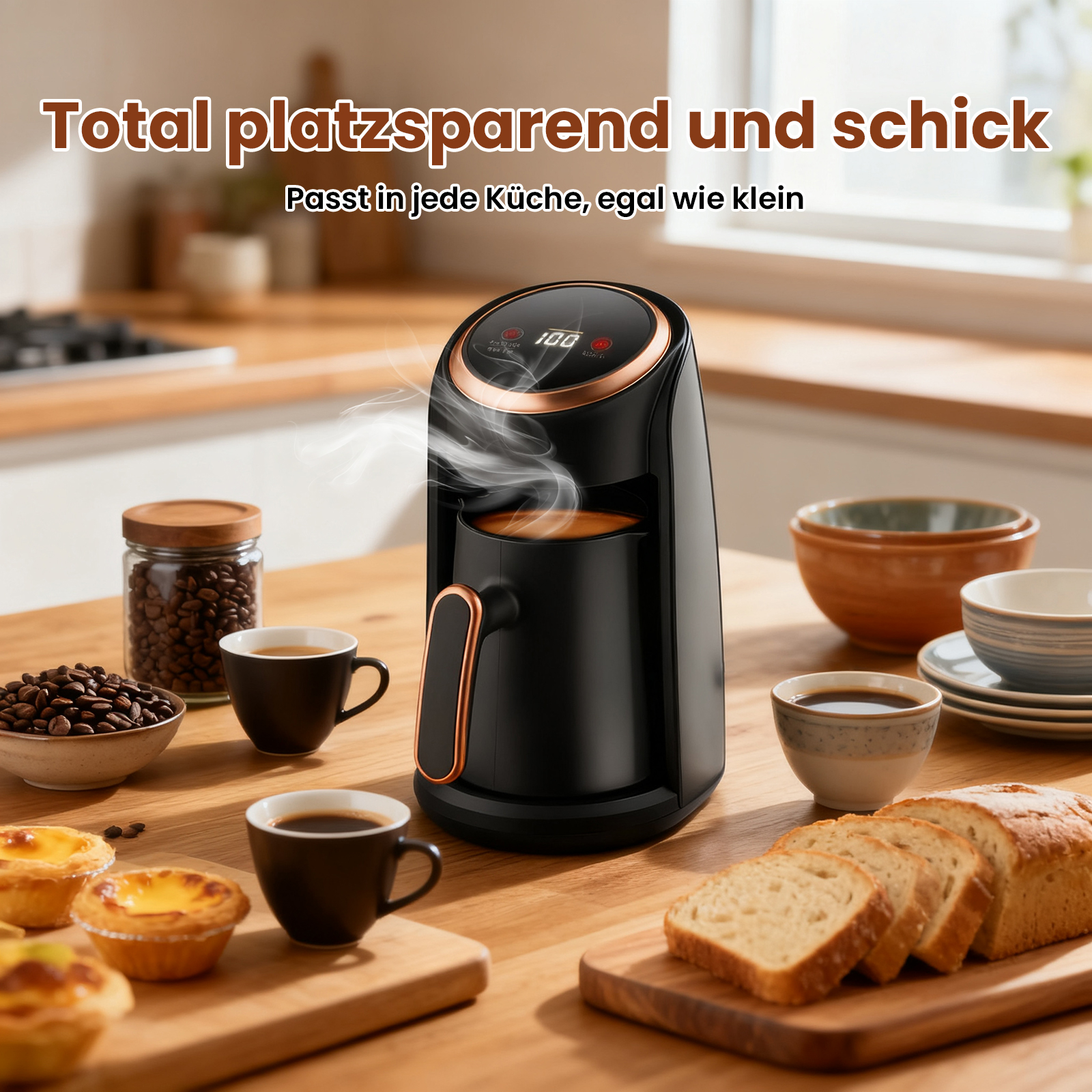 Kaffeemaschine, Tassen, Brot und Gebäck auf Holztisch. Dampf steigt aus der Maschine.