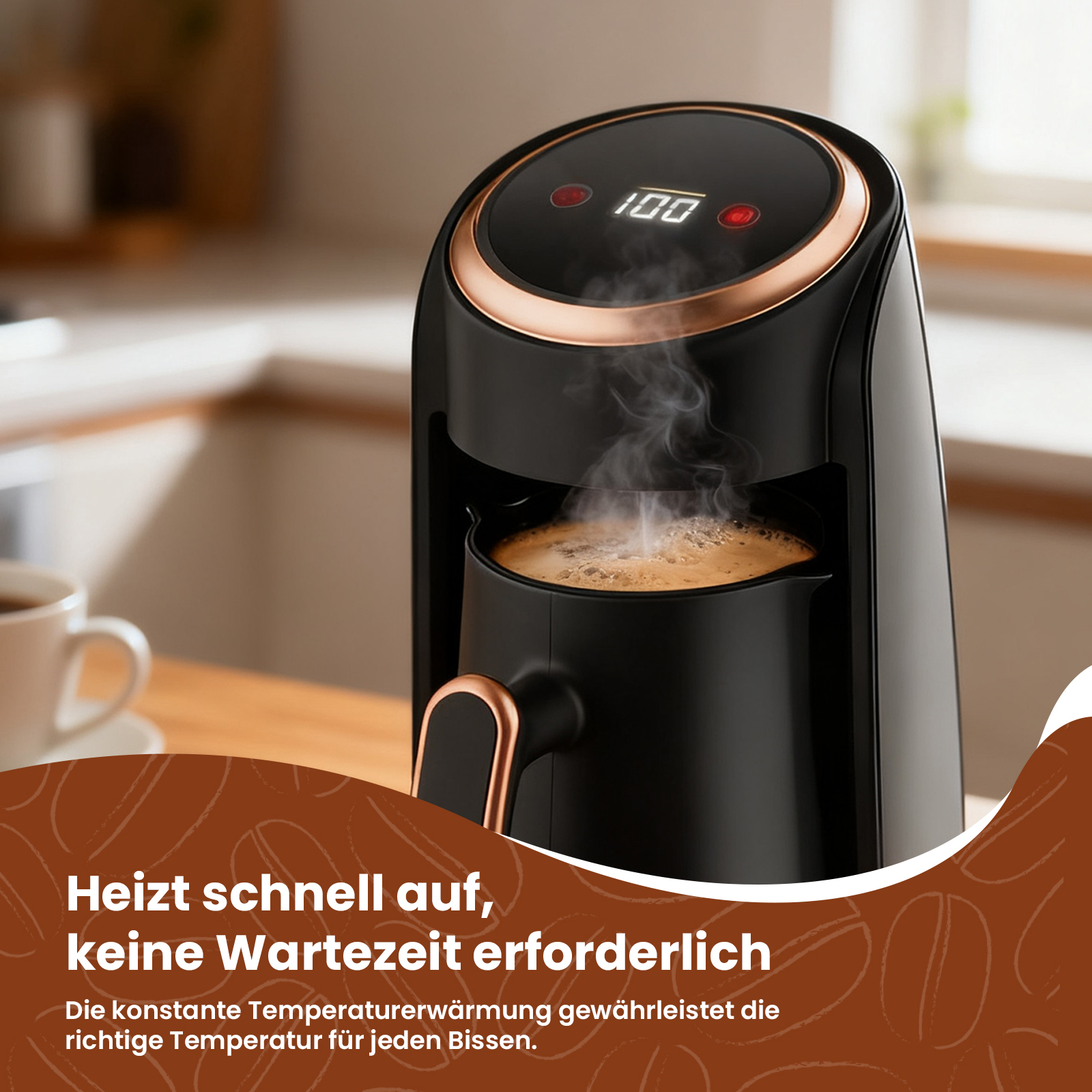 Schwarze Kaffeemaschine mit kupferfarbenen Akzenten, zeigt 100 auf einem Bildschirm. Dampf steigt auf.