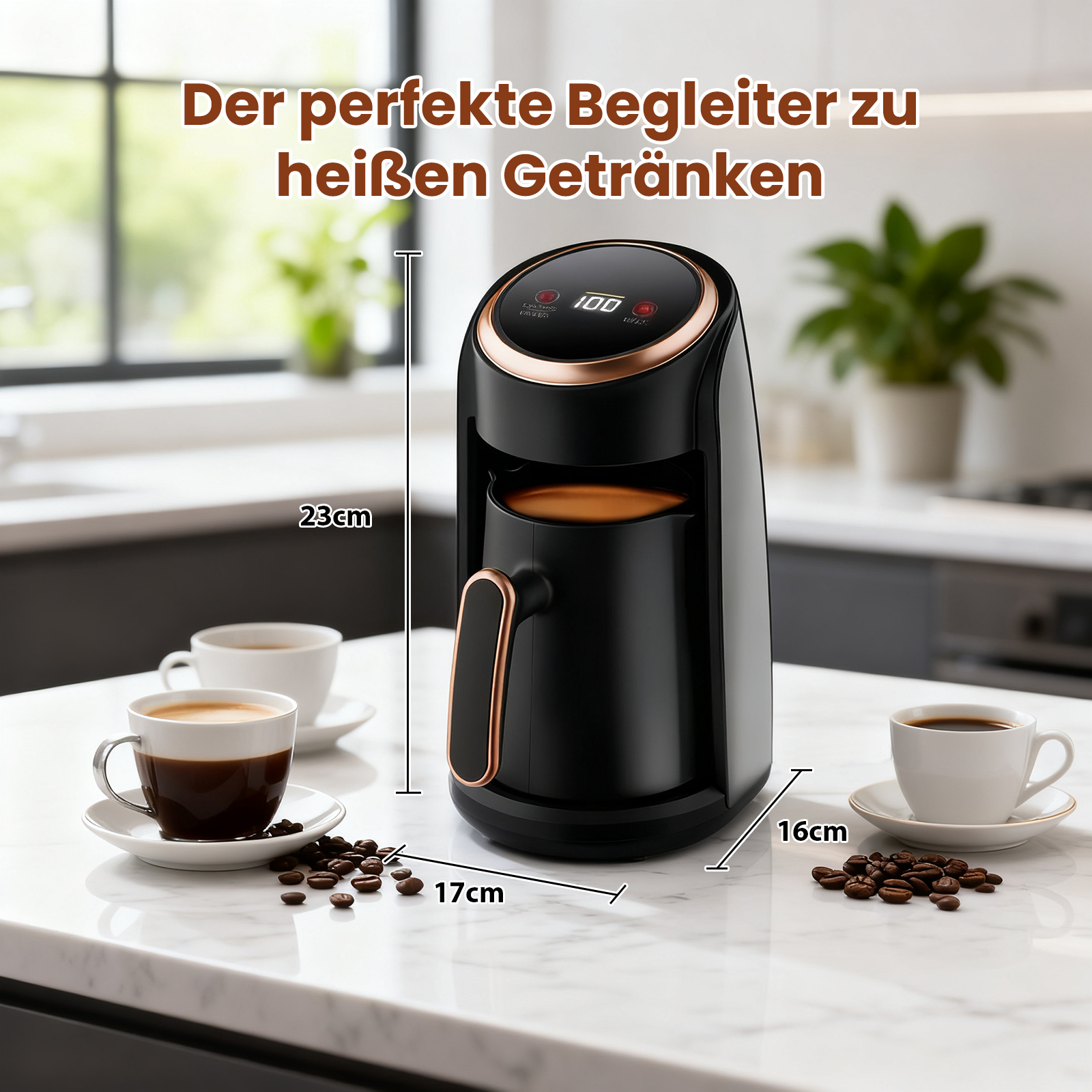 Eine schwarze Kaffeemaschine mit Kupferakzenten steht auf einer Marmoroberfläche, mit Kaffeetassen und Bohnen.