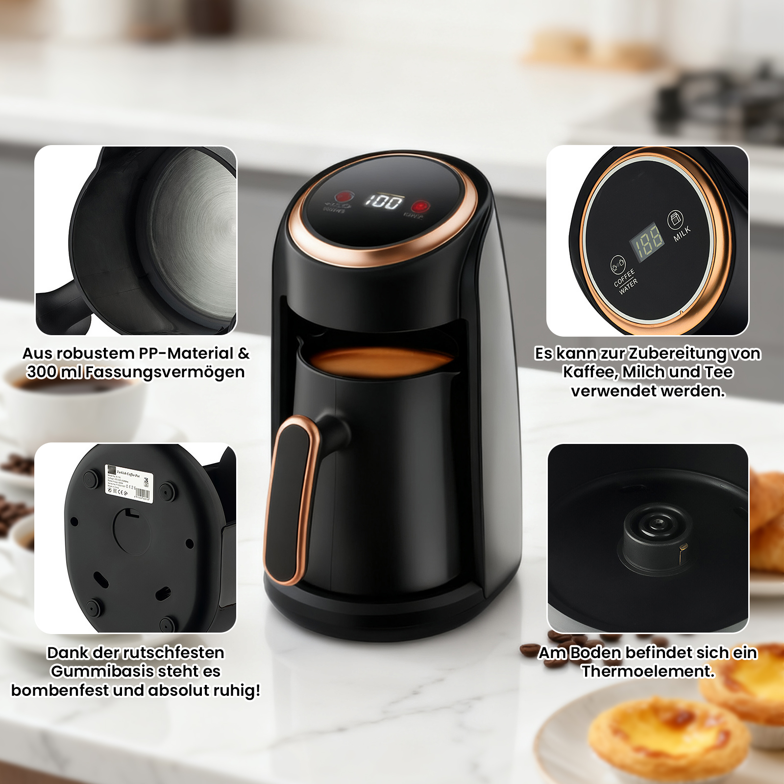 Eine schwarze Kaffeemaschine mit Kupferakzenten. Sie hat ein digitales Display und verschiedene im Bild dargestellte Komponenten.