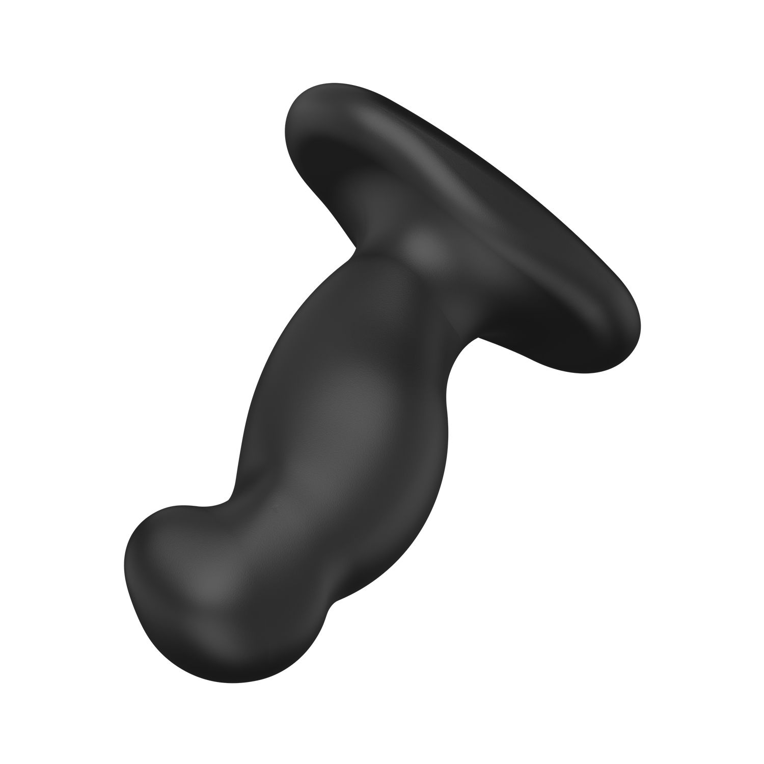 Ein schwarzes, glattes Sexspielzeug. Es hat einen gebogenen Schaft mit einer abgerundeten Spitze und einem breiten, flachen Kopf.