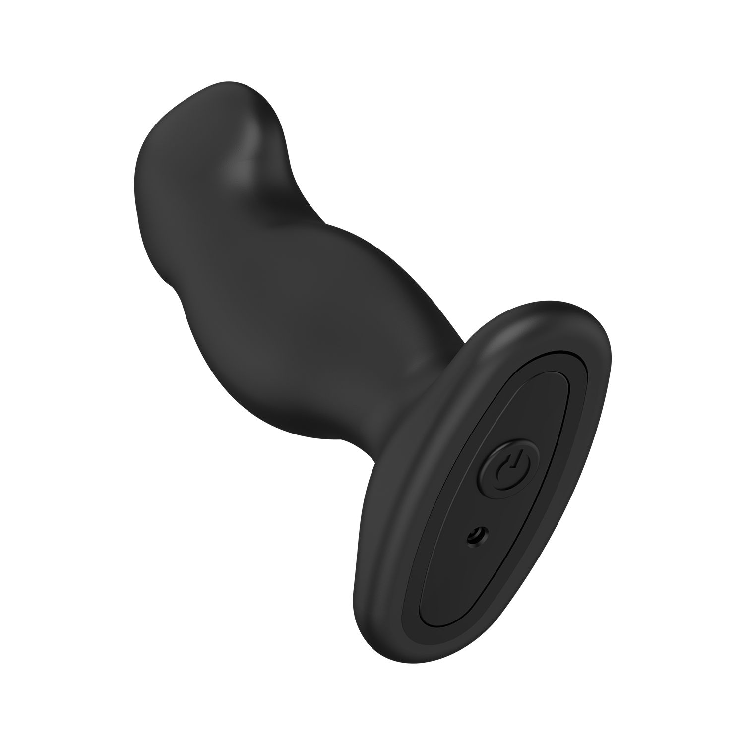 Ein schwarzes Sexspielzeug auf weißem Hintergrund. Es hat eine gebogene Form mit einem abgerundeten Kopf und einer flachen Basis mit einem Ein-/Ausschalter.