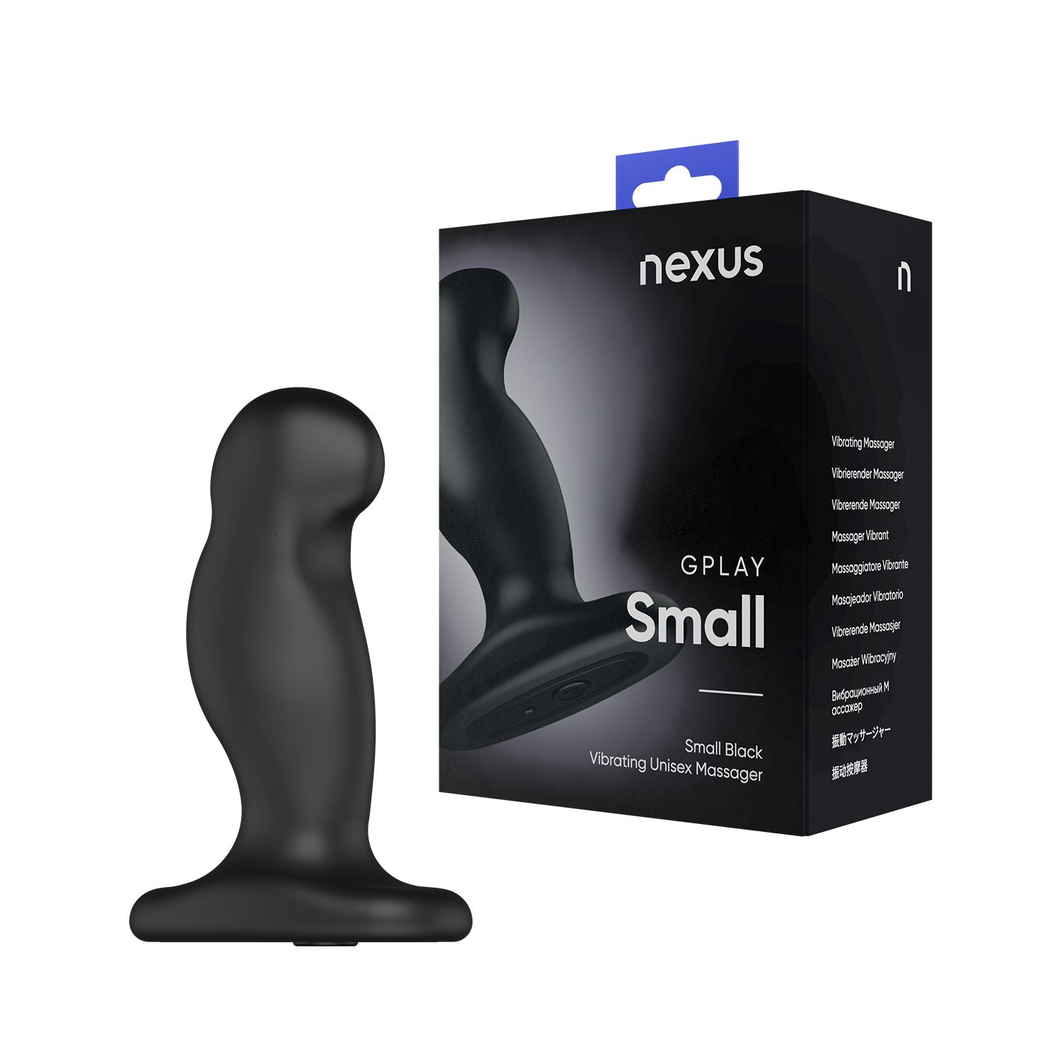 Ein schwarzes Vibrationsmassagegerät neben seiner Schachtel mit der Aufschrift 'GPLAY Small'. Die Schachtel trägt die Aufschrift 'nexus' und listet Massagegerät-Übersetzungen auf.