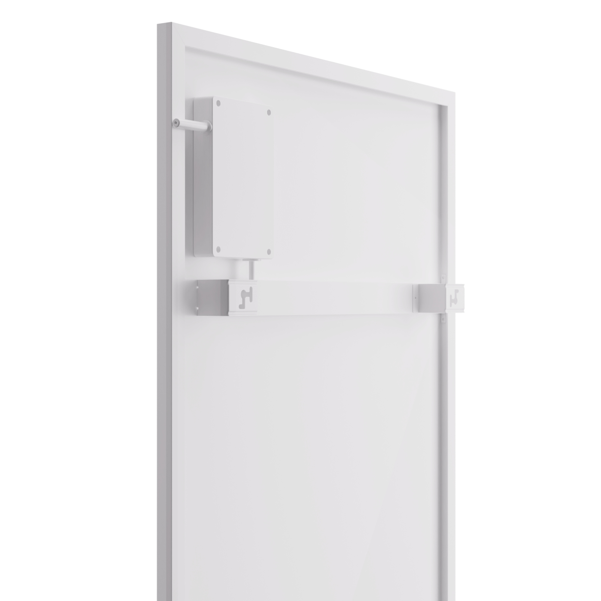 Ein weißes rechteckiges Objekt mit Rahmen. Angeschlossene Komponenten sind eine Box und ein horizontaler Balken.