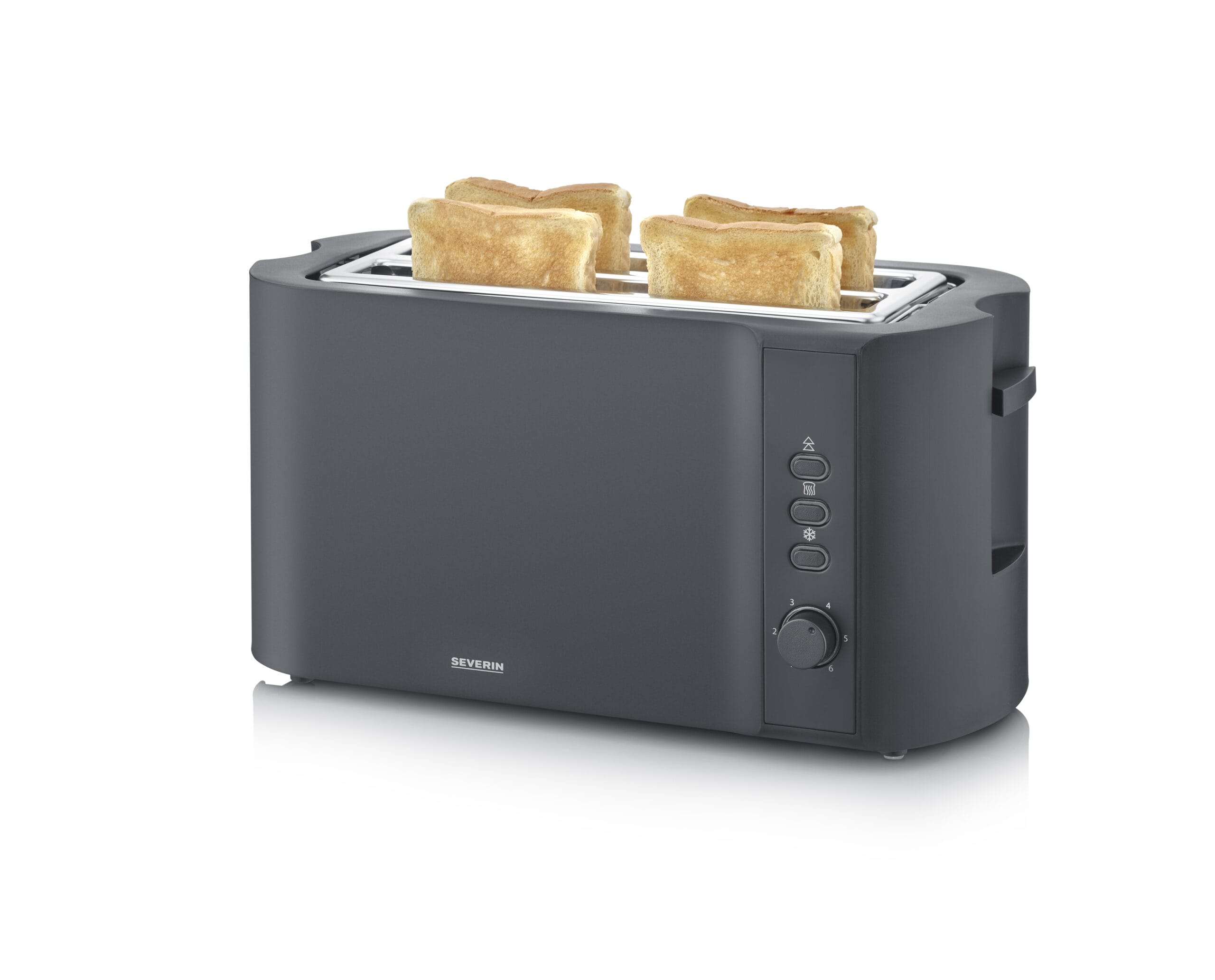 Ein grauer Toaster mit vier Toastscheiben. Er hat Steuertasten und einen Drehregler.