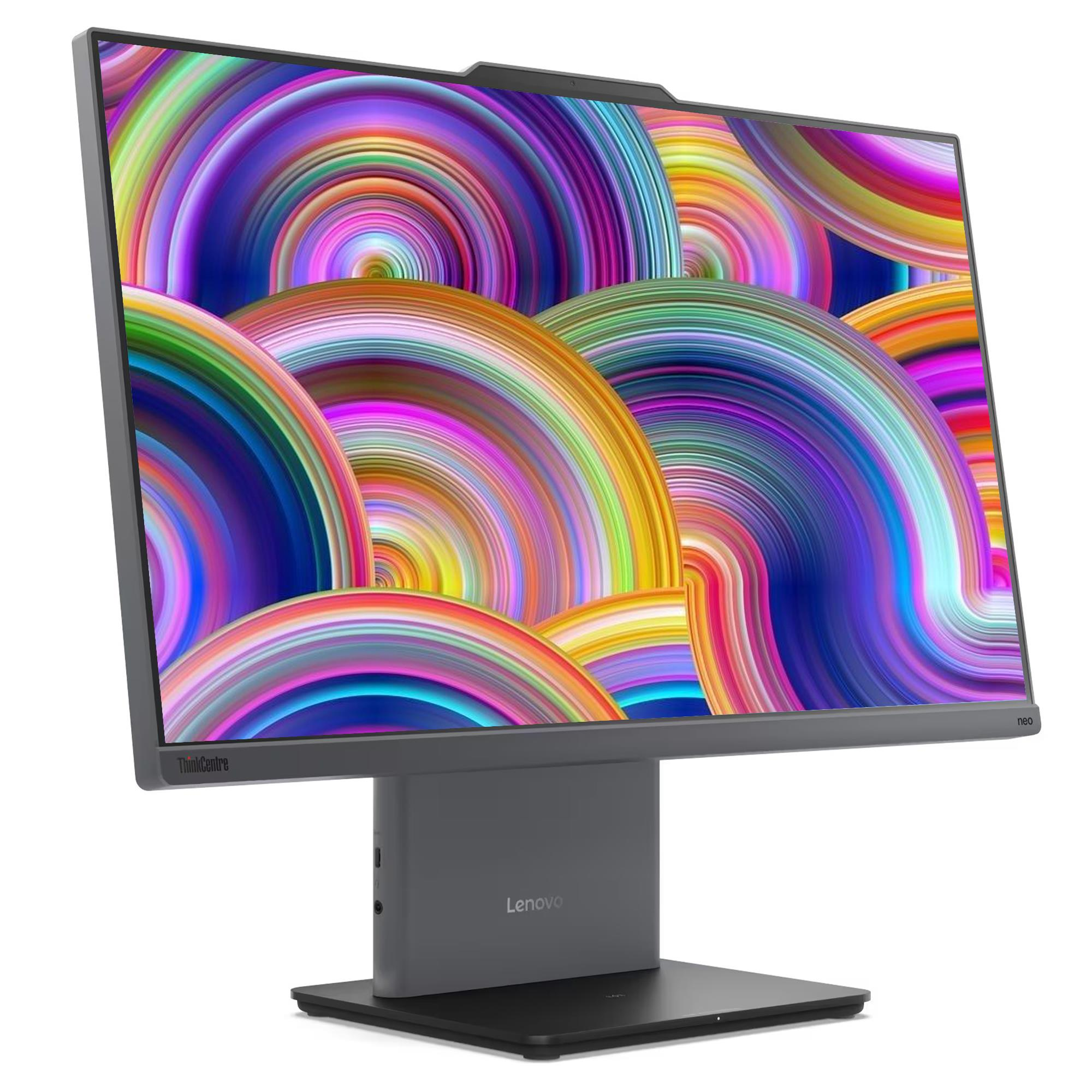 Bir Lenovo monitör, renkli, soyut, kavisli çizgiler gösteriyor. Monitör, siyah tabanlı gri bir stand üzerinde.