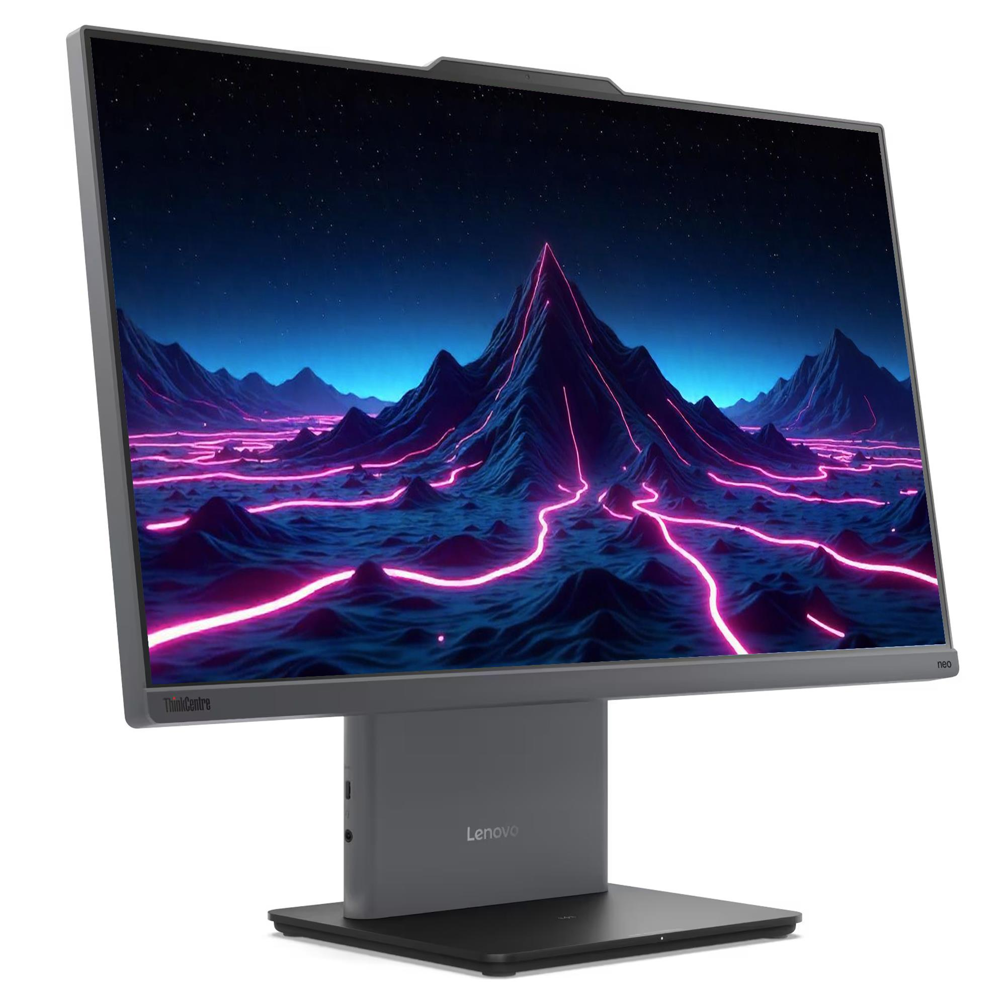 Lenovo ThinkCentre monitör, dağlar ve neon pembe yolların yıldızlı bir gökyüzüne karşı dijital manzarasını sergiliyor.