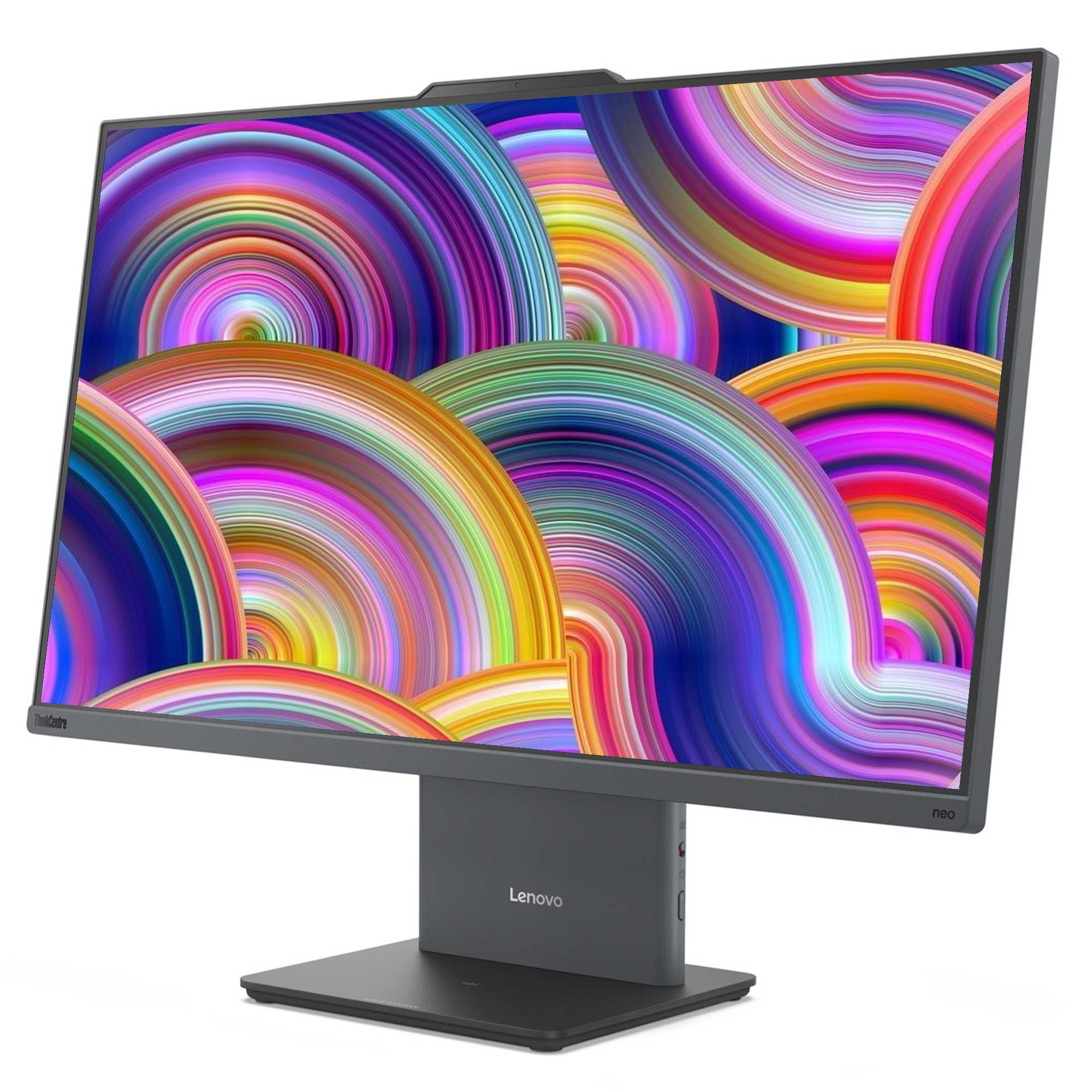 Bir Lenovo ThinkCentre monitör, renkli, soyut, kavisli çizgiler görüntüler. Ekran, siyah bir tabana sahip koyu gridir. Lenovo logosu görünür.