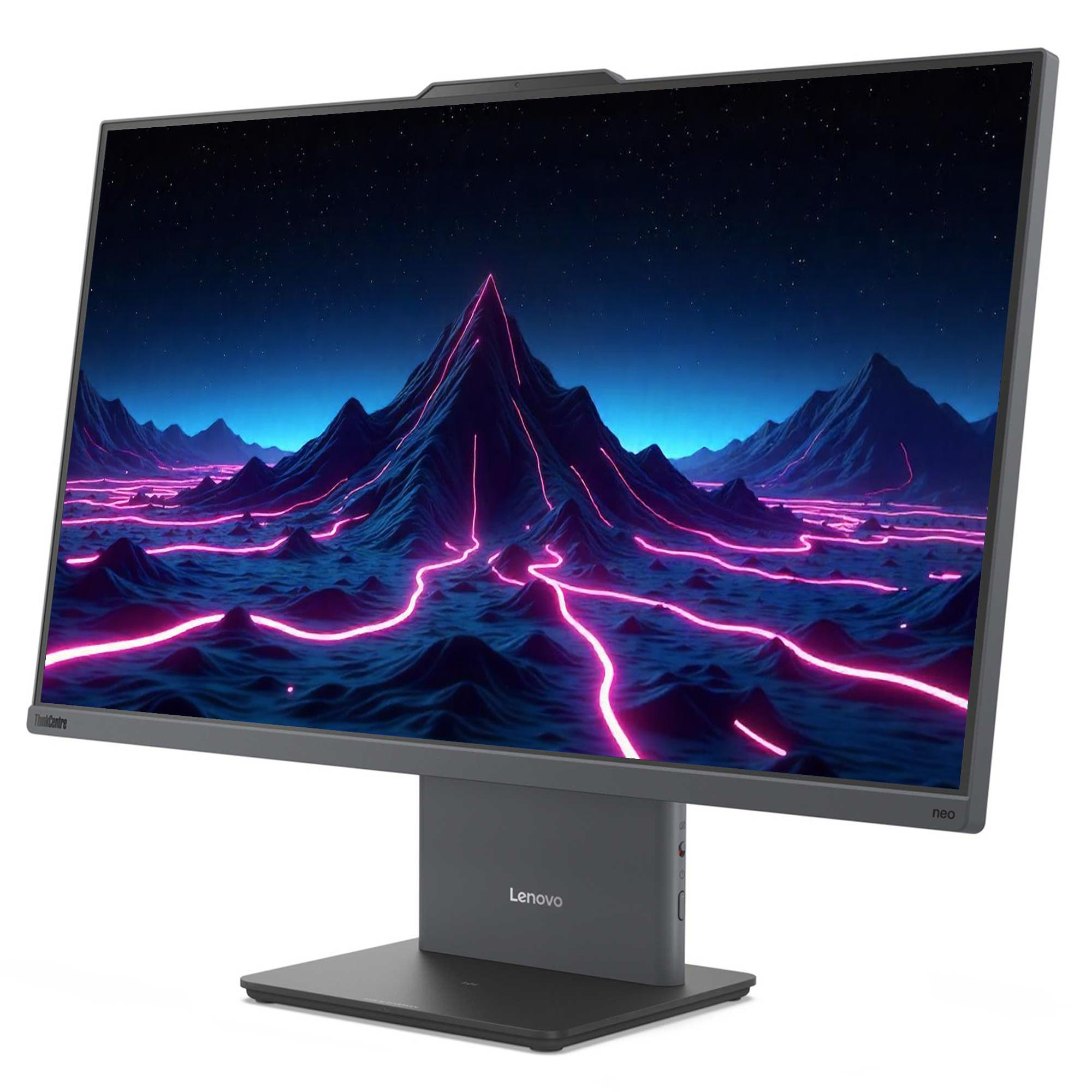 Bir bilgisayar monitörü, dağlar ve neon pembe çizgilerle dijital bir manzara görüntüler. Monitör Lenovo ThinkCentre neo'dur.