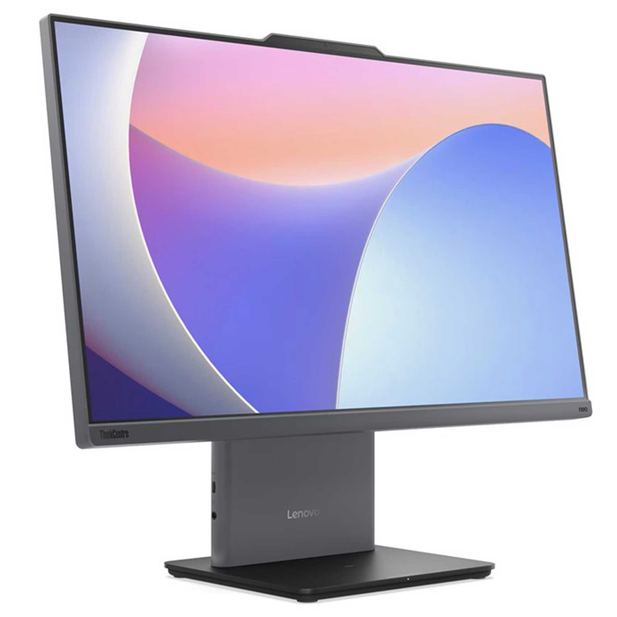 Bir Lenovo ThinkCentre monitör. Ekran renkli bir soyut tasarım gösteriyor. Monitör gri renkte, siyah bir taban üzerinde.