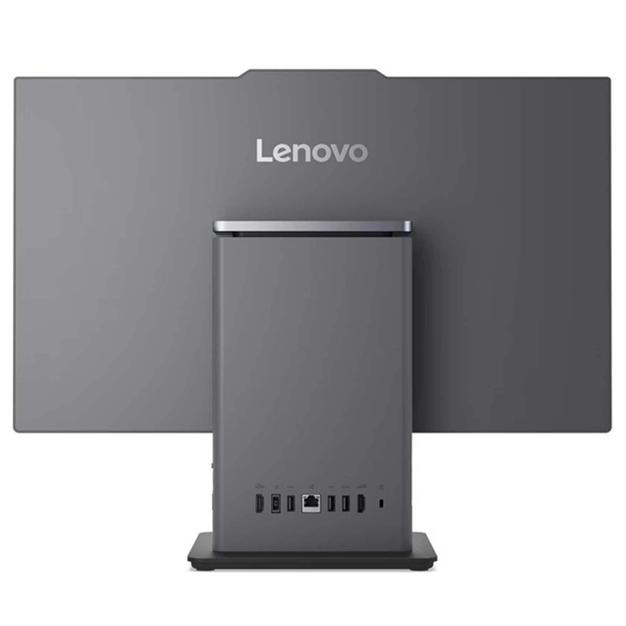 Bir Lenovo hepsi bir arada bilgisayarın arka görünümü. Gri, Lenovo logosu var. Alt kısımda bağlantı noktaları görünüyor.