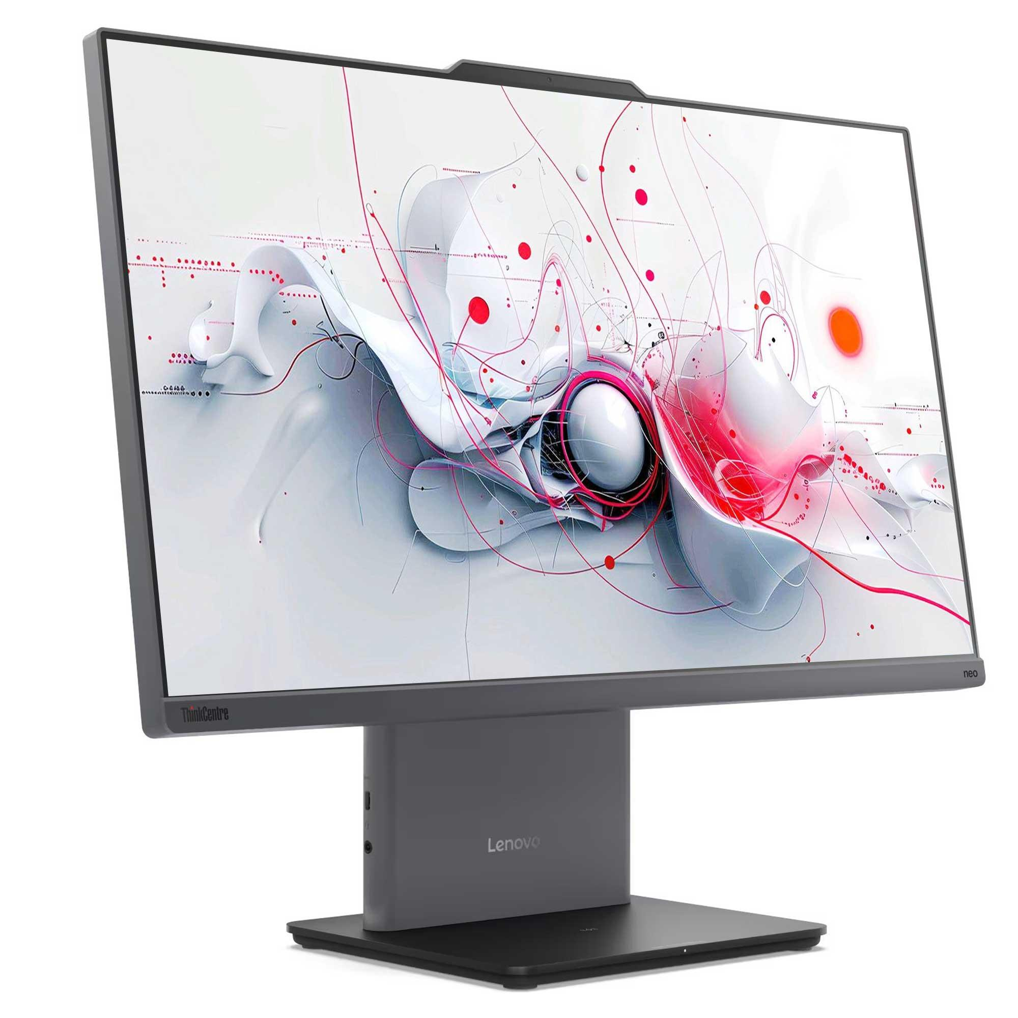 Bir Lenovo ThinkCentre monitörü beyaz ve kırmızı soyut bir tasarım sergiliyor. Monitör gri, koyu gri bir stand üzerinde, Lenovo logosu ile.