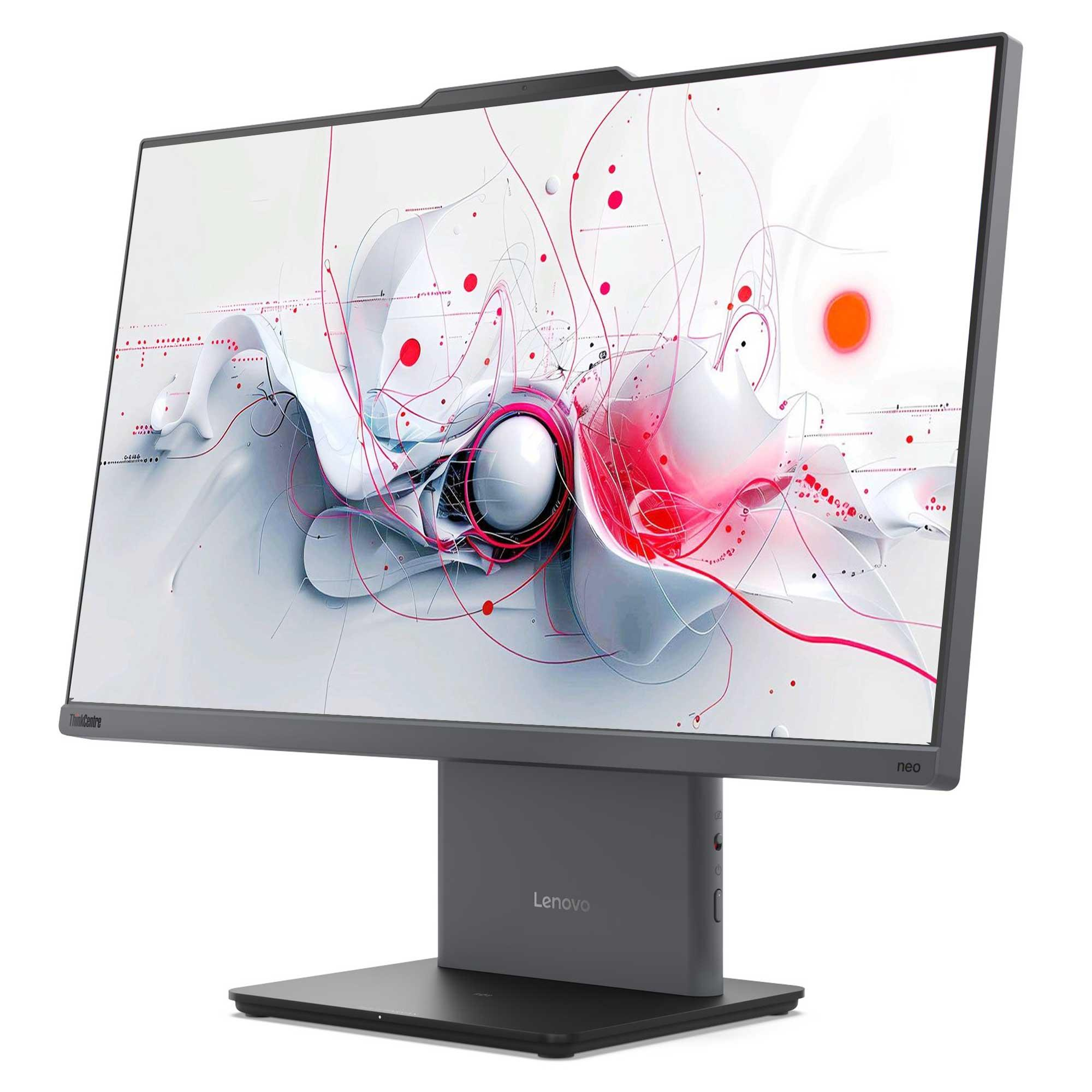 Büyük ekranlı bir Lenovo monitör. Ekran, beyaz, kırmızı ve gri şekillerden oluşan soyut bir tasarım gösteriyor.