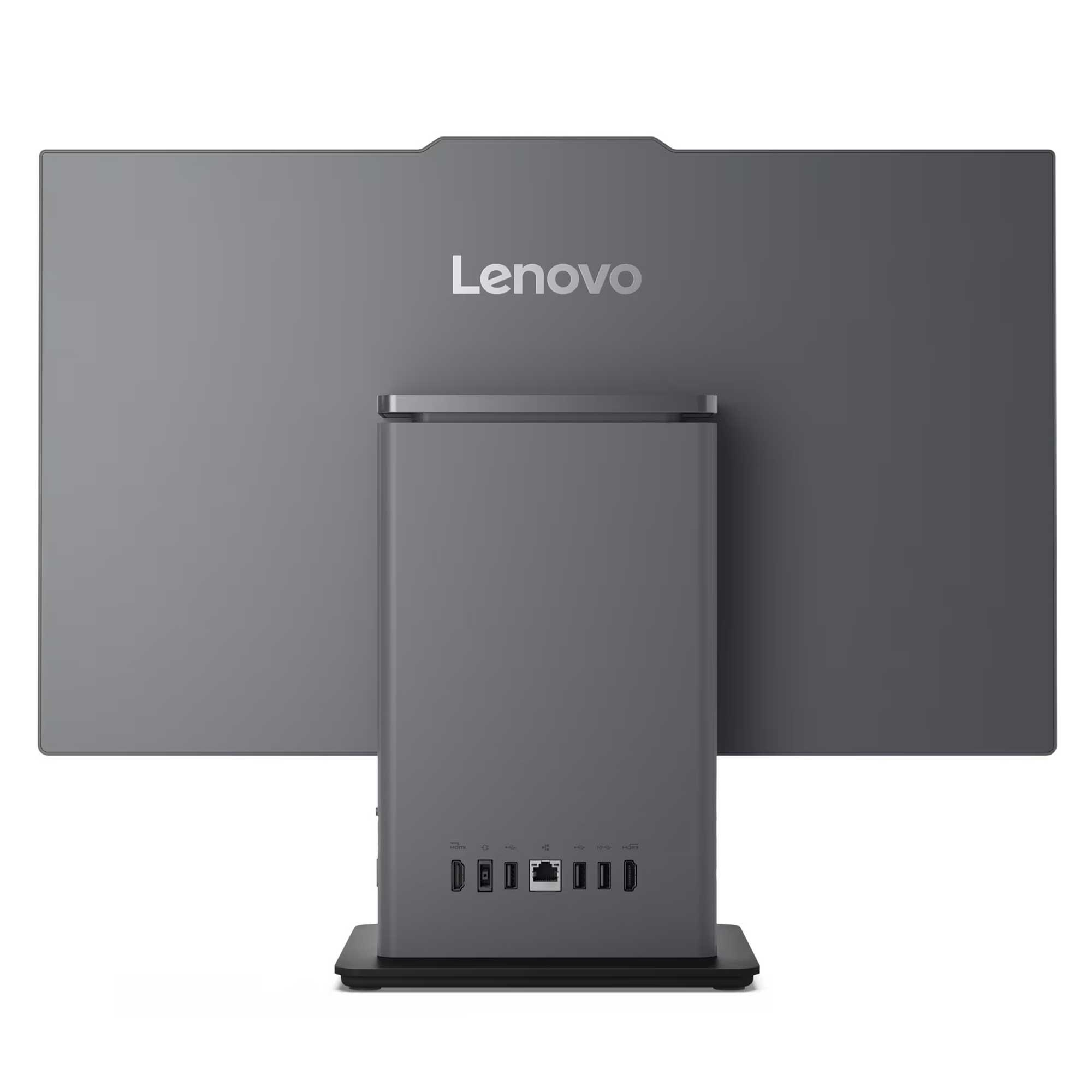 Bir Lenovo hepsi bir arada bilgisayarın arka görünümü. Gri renkli ve Lenovo logosu var. Alt kısımda bağlantı noktaları görünüyor.