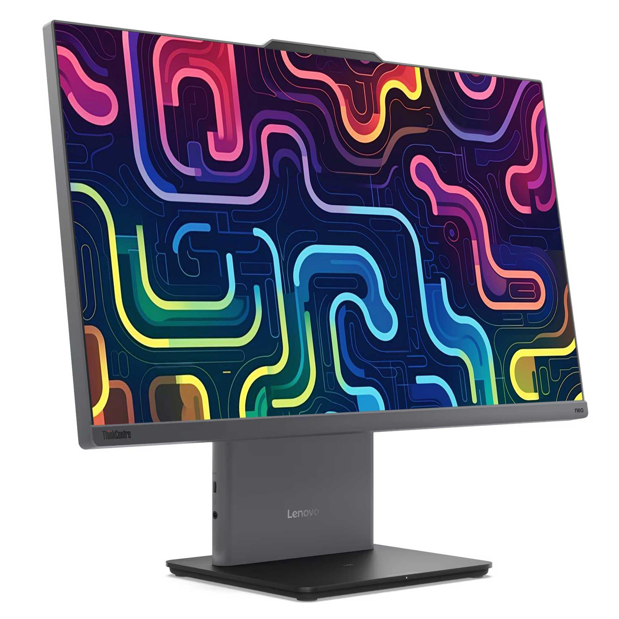 Bir Lenovo ThinkCentre monitör, renkli soyut bir desen görüntülüyor. Gri bir standı ve siyah bir tabanı var.