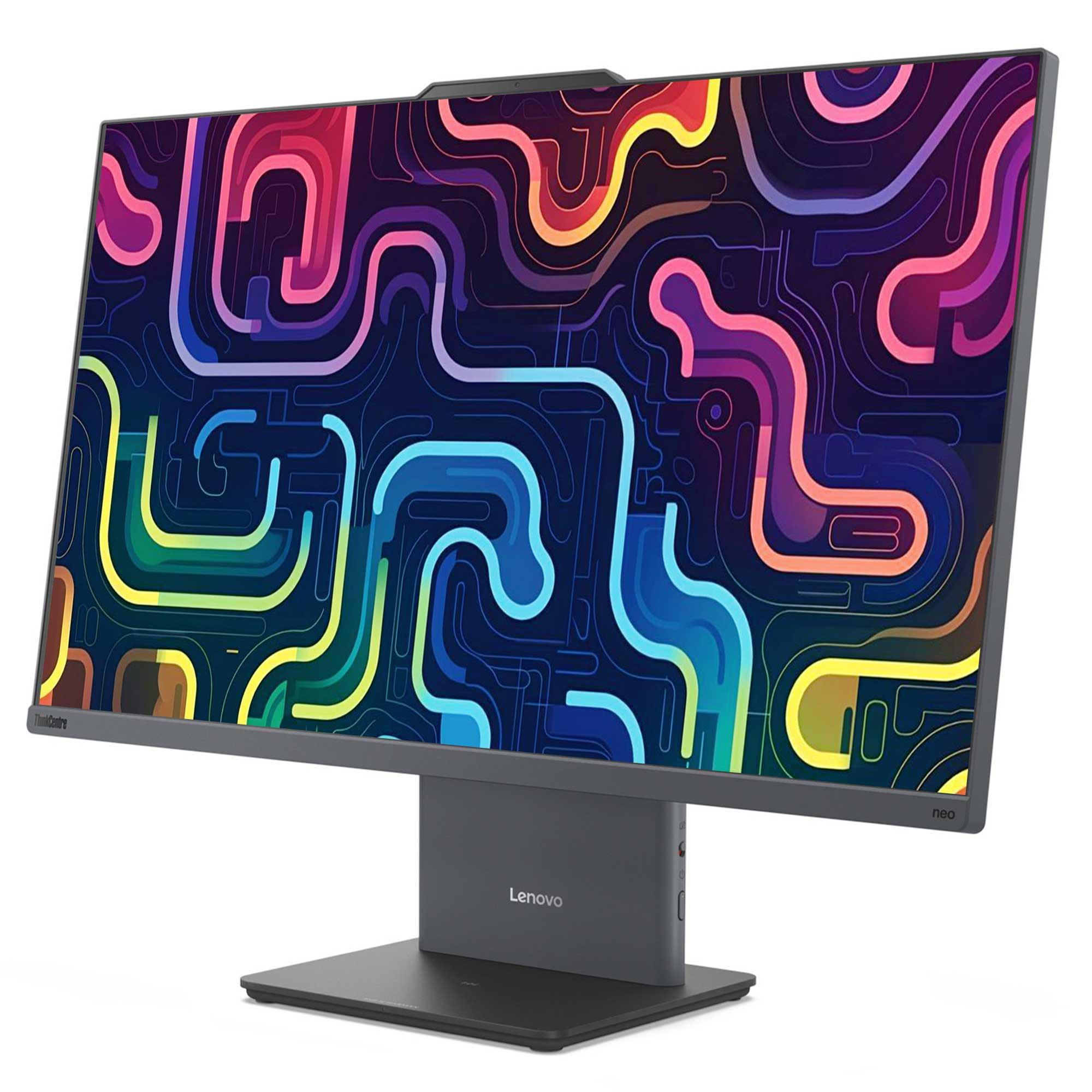 Bir Lenovo ThinkCentre neo monitörü, koyu bir arka plan üzerinde renkli soyut çizgiler görüntüler. Monitör bir stand üzerinde.