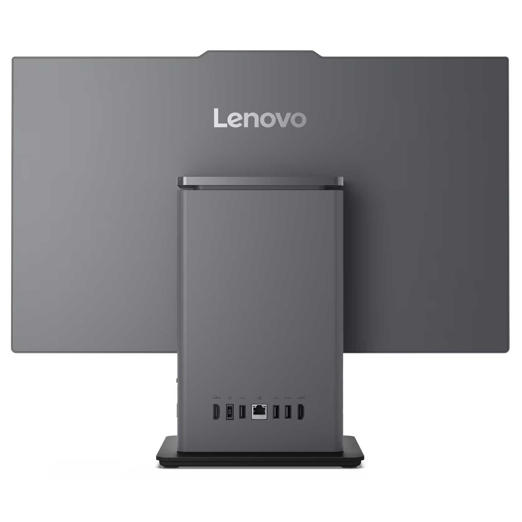 Bir Lenovo hepsi bir arada bilgisayarın arka görünümü. Gri, altta bağlantı noktaları ve ekranda Lenovo logosu var.