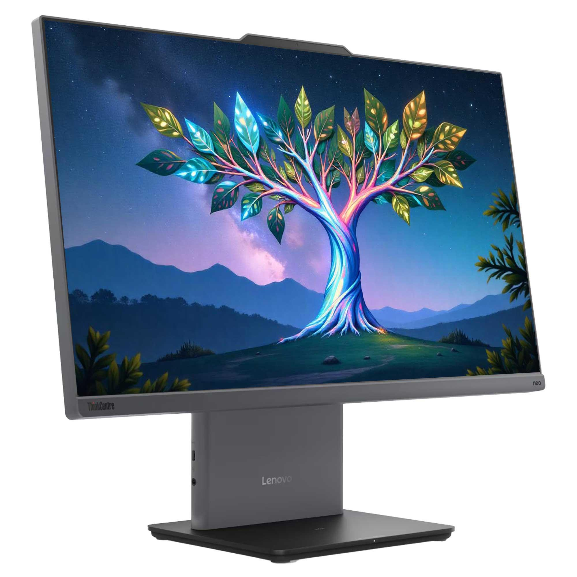 Lenovo ThinkCentre monitörü renkli bir ağaç görüntüsü gösteriyor. Lenovo logolu, koyu gri bir stand üzerinde duruyor.