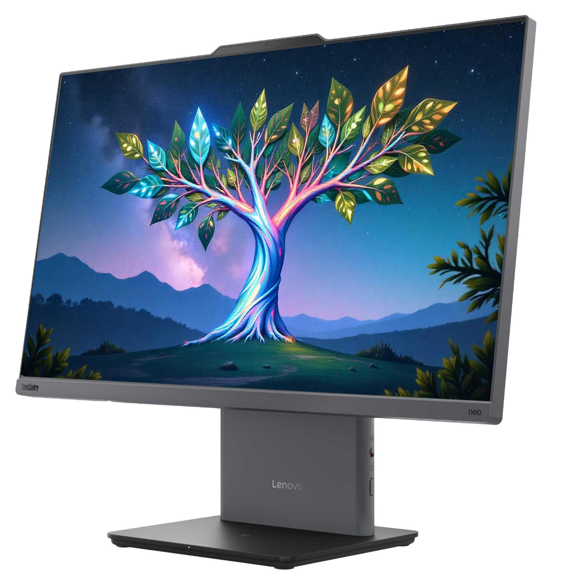 Bir Lenovo monitör, canlı bir ağaç sahnesi görüntülüyor. Ağacın renkli yaprakları ve yıldızlı bir gökyüzüne karşı parlayan bir gövdesi var.