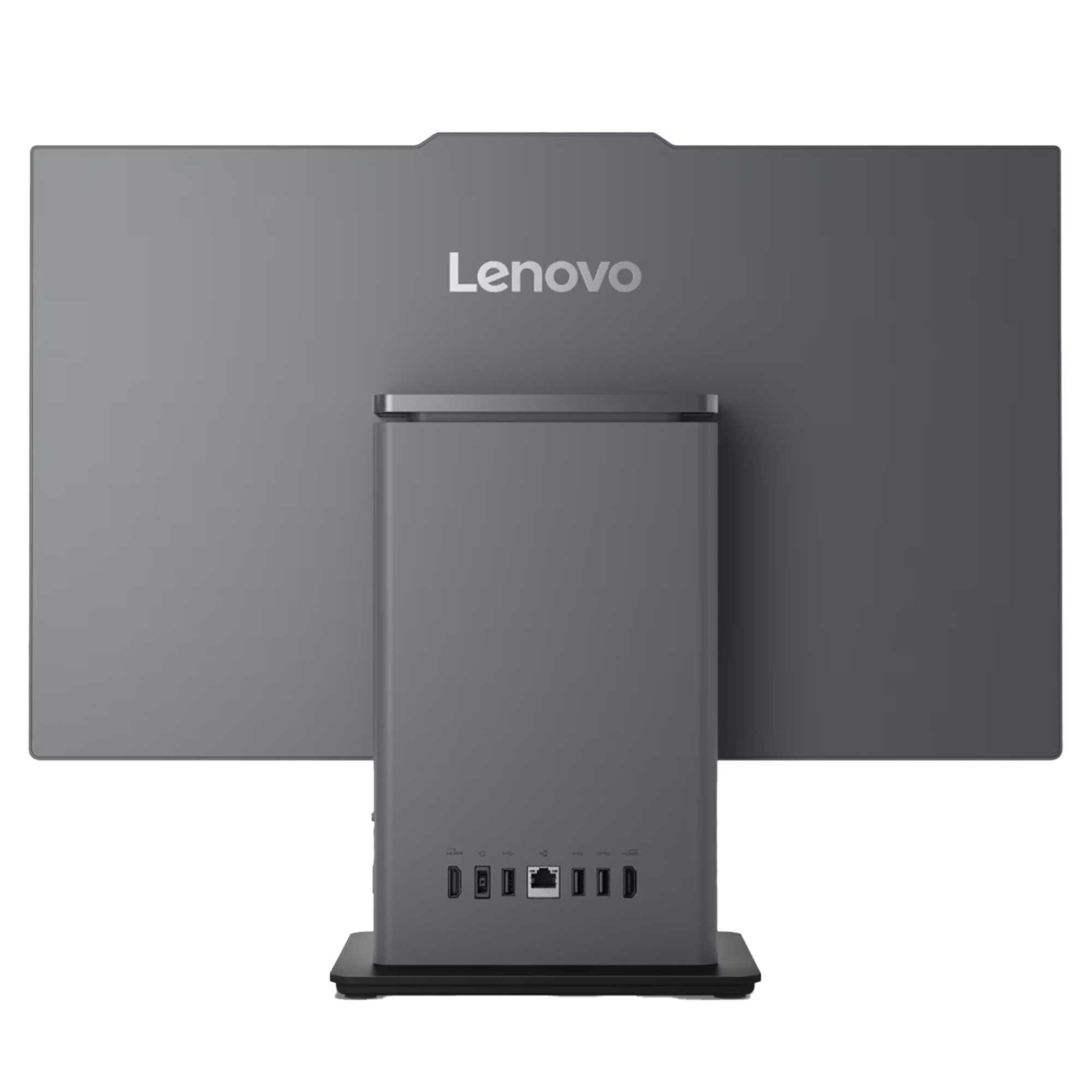 Bir Lenovo hepsi bir arada bilgisayarının arka görünümü. Gri renkli, ekranı ve bağlantı noktalarını gösteriyor.