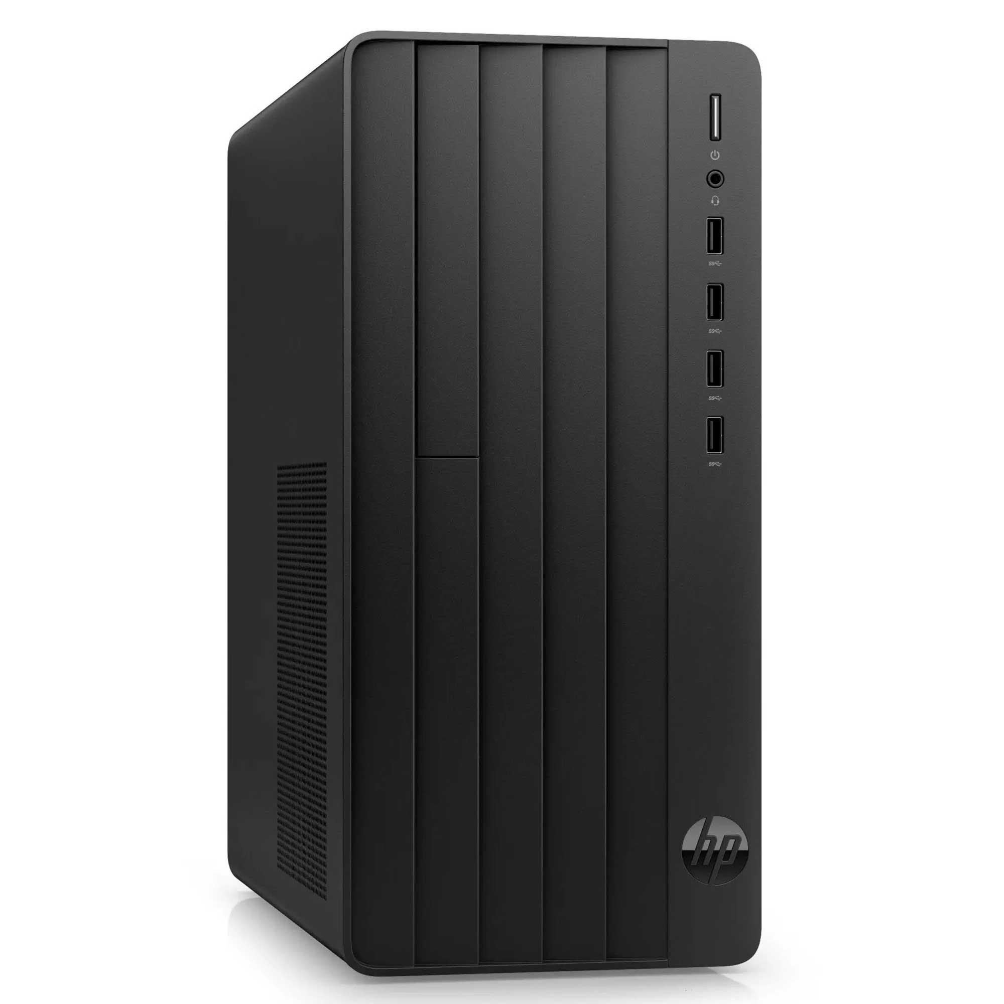 Siyah bir HP masaüstü bilgisayar. Önünde dikey çizgiler var. Sağ tarafta bağlantı noktaları görülebilir. HP logosu altta.