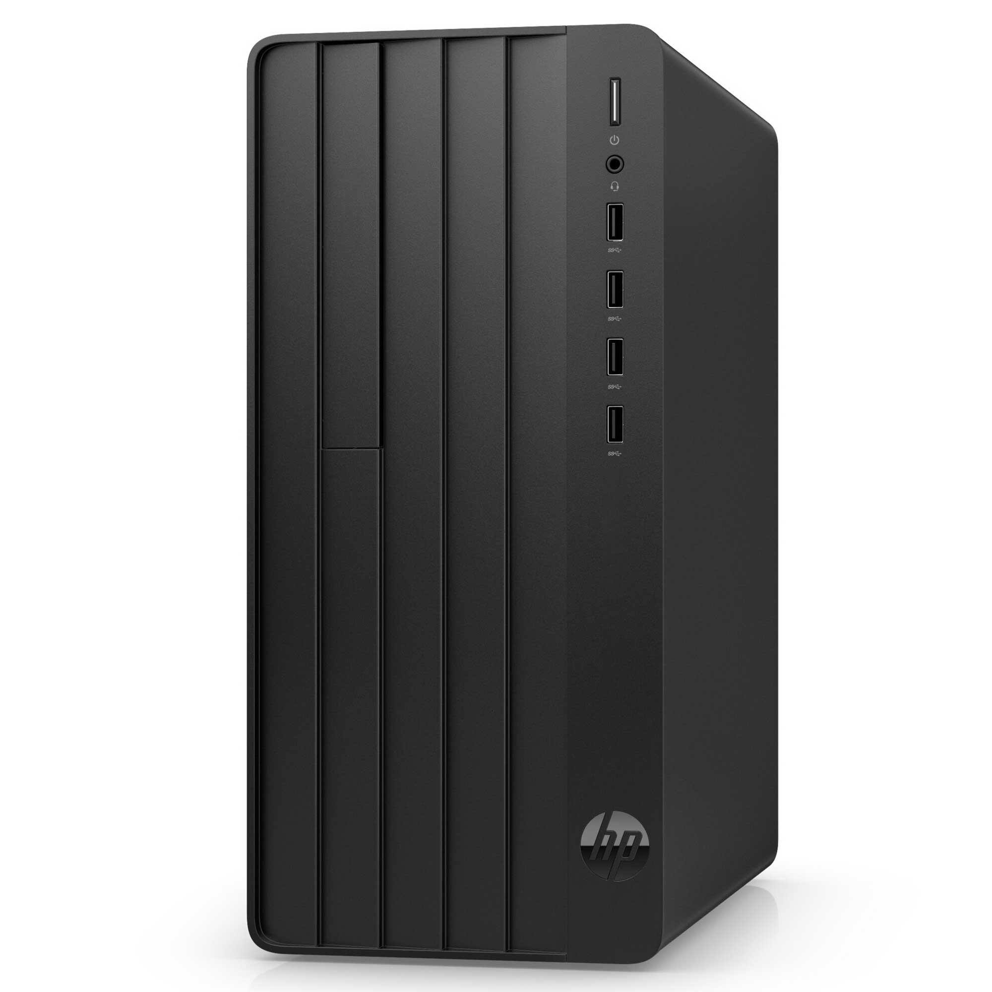 Siyah HP masaüstü bilgisayar. Ön panel özelliklerine sahip dikey tasarım. Güç düğmesi, USB portları ve HP logosu görünür.