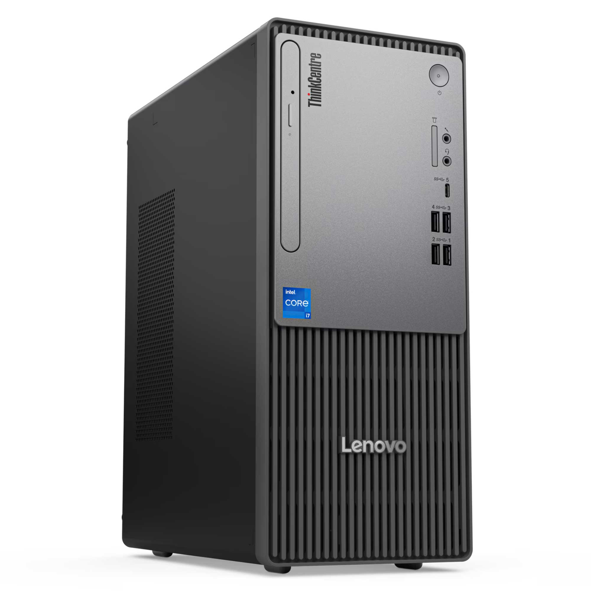 Beyaz bir arka plan üzerinde bir Lenovo ThinkCentre masaüstü bilgisayar. Intel Core i7 etiketiyle siyah ve gridir.