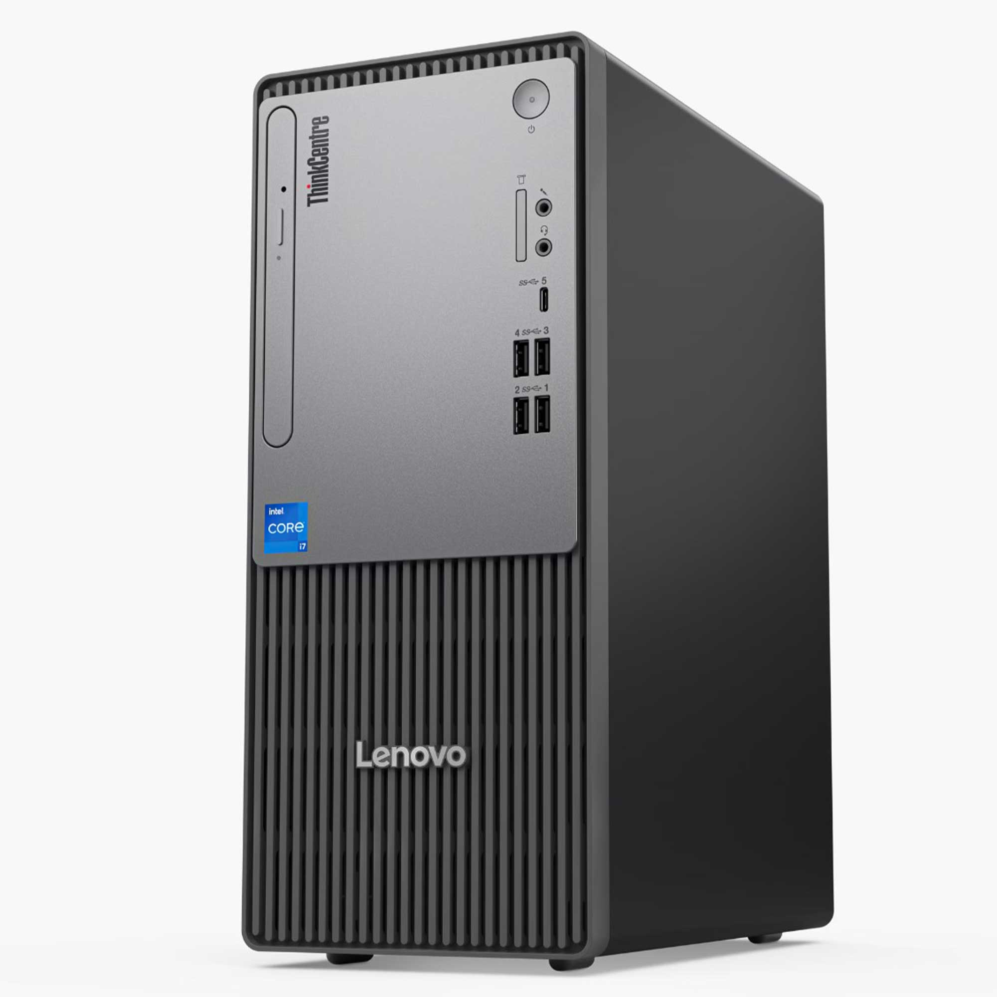 Bir Lenovo ThinkCentre masaüstü bilgisayar. Siyah ve gridir, önünde Intel Core i7 etiketi vardır.