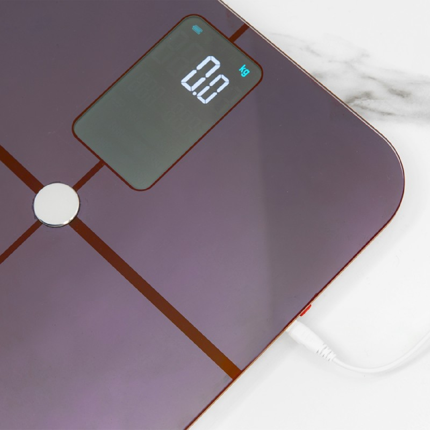 Eine Digitalwaage zeigt 0,0 kg an. Sie ist lila mit braunen Linien. Ein weißes Kabel ist eingesteckt. Der Hintergrund ist weiß mit grauen Adern.