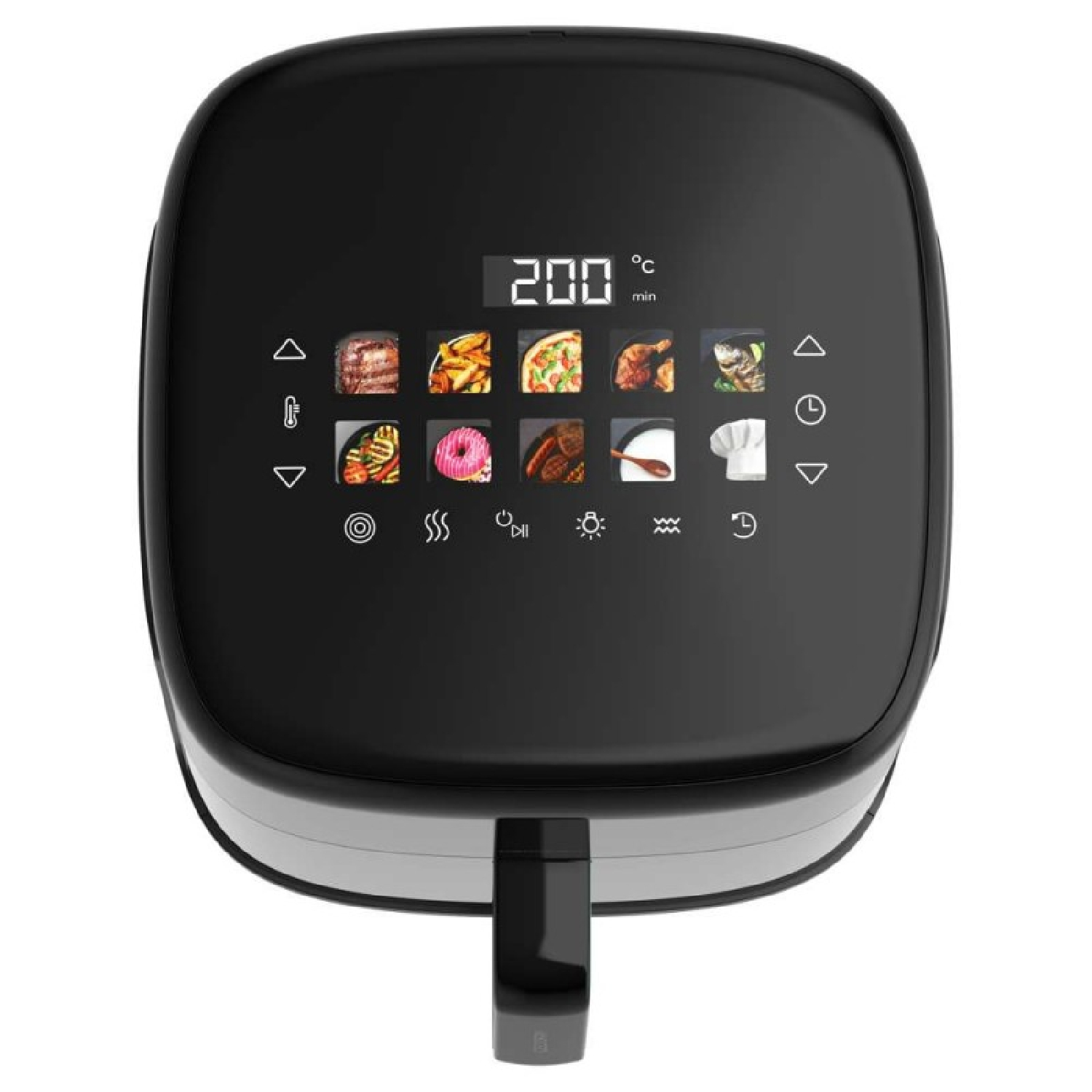 Una friggitrice ad aria nera con display digitale che mostra 200 gradi Celsius. Ha controlli touch e icone per varie modalità di cottura.