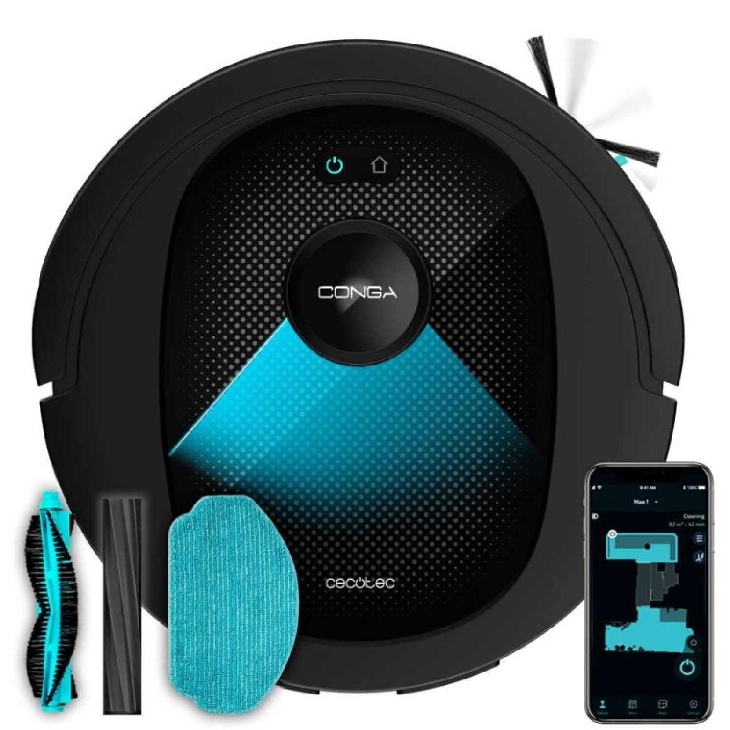 Czarny odkurzacz automatyczny z akcesoriami. Smartfon pokazuje mapę podłogi. Odkurzacz ma niebieskie akcenty i markę CONGA.