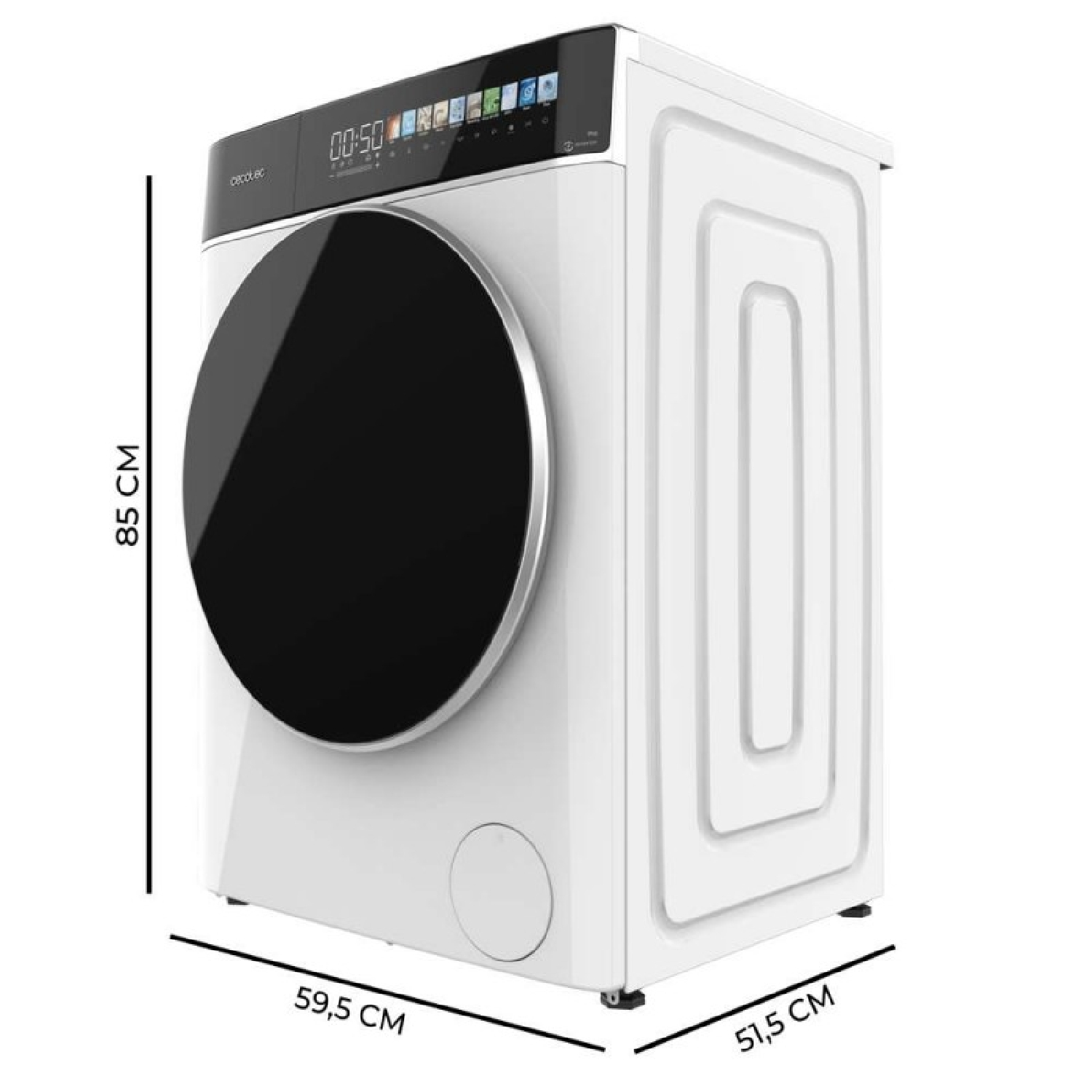 Una lavatrice bianca con porta nera, le dimensioni sono indicate. Ha un display digitale che mostra l'ora.