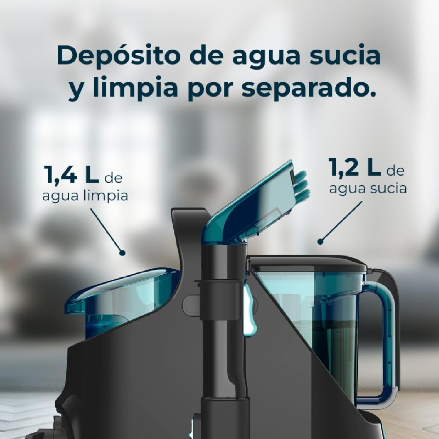 Aspiradora con depósitos separados para agua limpia y sucia. Las etiquetas indican 1,4L limpio y 1,2L sucio.
