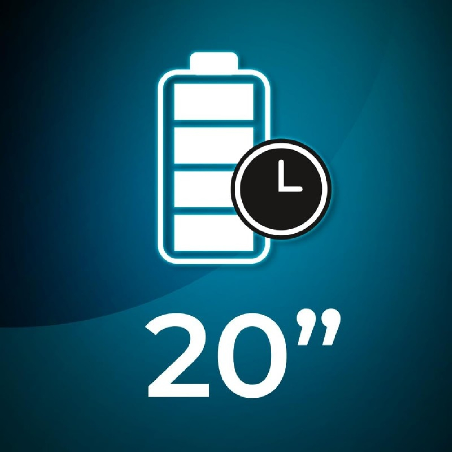 Un'icona bianca a forma di batteria con livelli, un orologio e il numero 20, con virgolette, su sfondo sfumato blu.
