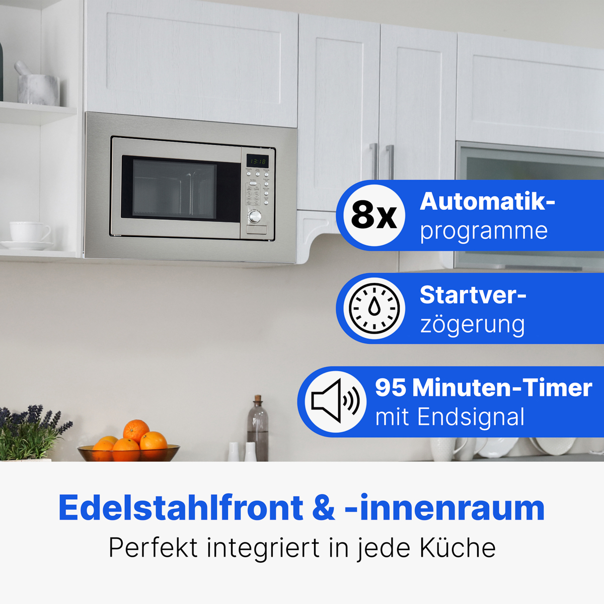 Kuchenka mikrofalowa ze stali nierdzewnej jest wbudowana w białe szafki. Funkcje obejmują programy automatyczne, opóźnienie startu i 95-minutowy timer.