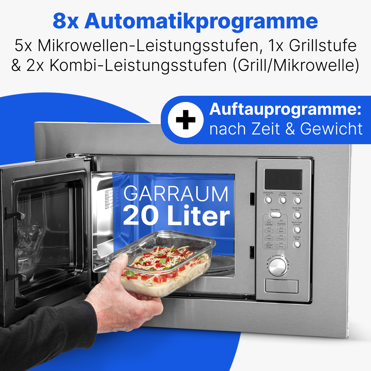 Ręka umieszcza szklane naczynie z jedzeniem w kuchence mikrofalowej. Piekarnik jest ze stali nierdzewnej z cyfrowym wyświetlaczem.