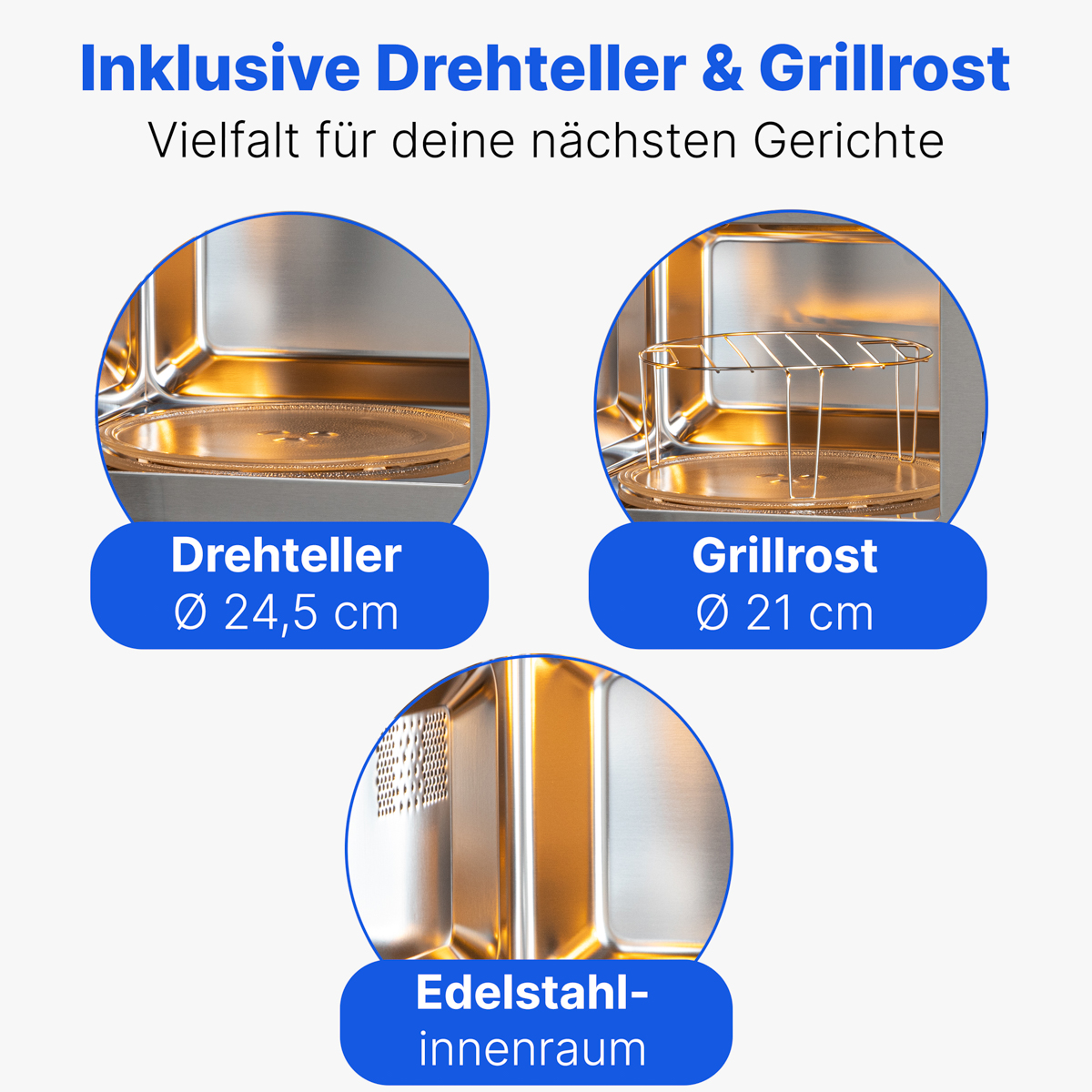 Obraz przedstawia wnętrze kuchenki mikrofalowej z obrotowym talerzem i rusztem. Tekst podkreśla cechy: obrotowy talerz, ruszt i wnętrze ze stali nierdzewnej.