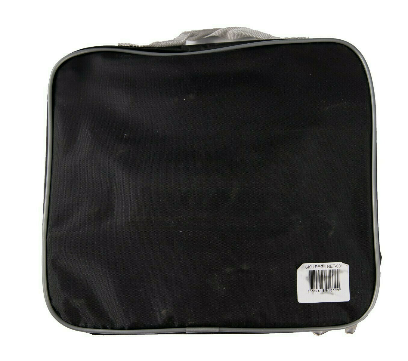 A black lunch bag with a gray handle and trim is on a white background. A sticker displays a barcode and text.