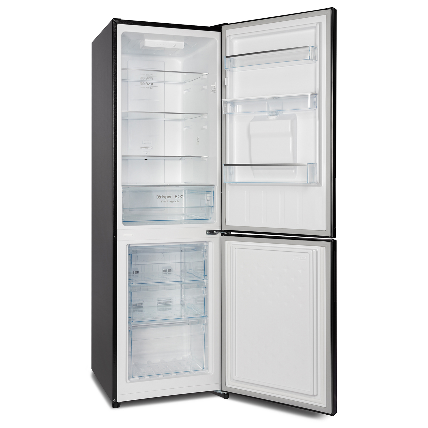 Refrigerador negro abierto con interior blanco. Se ven estantes, cajones y compartimentos del congelador. La puerta está abierta.