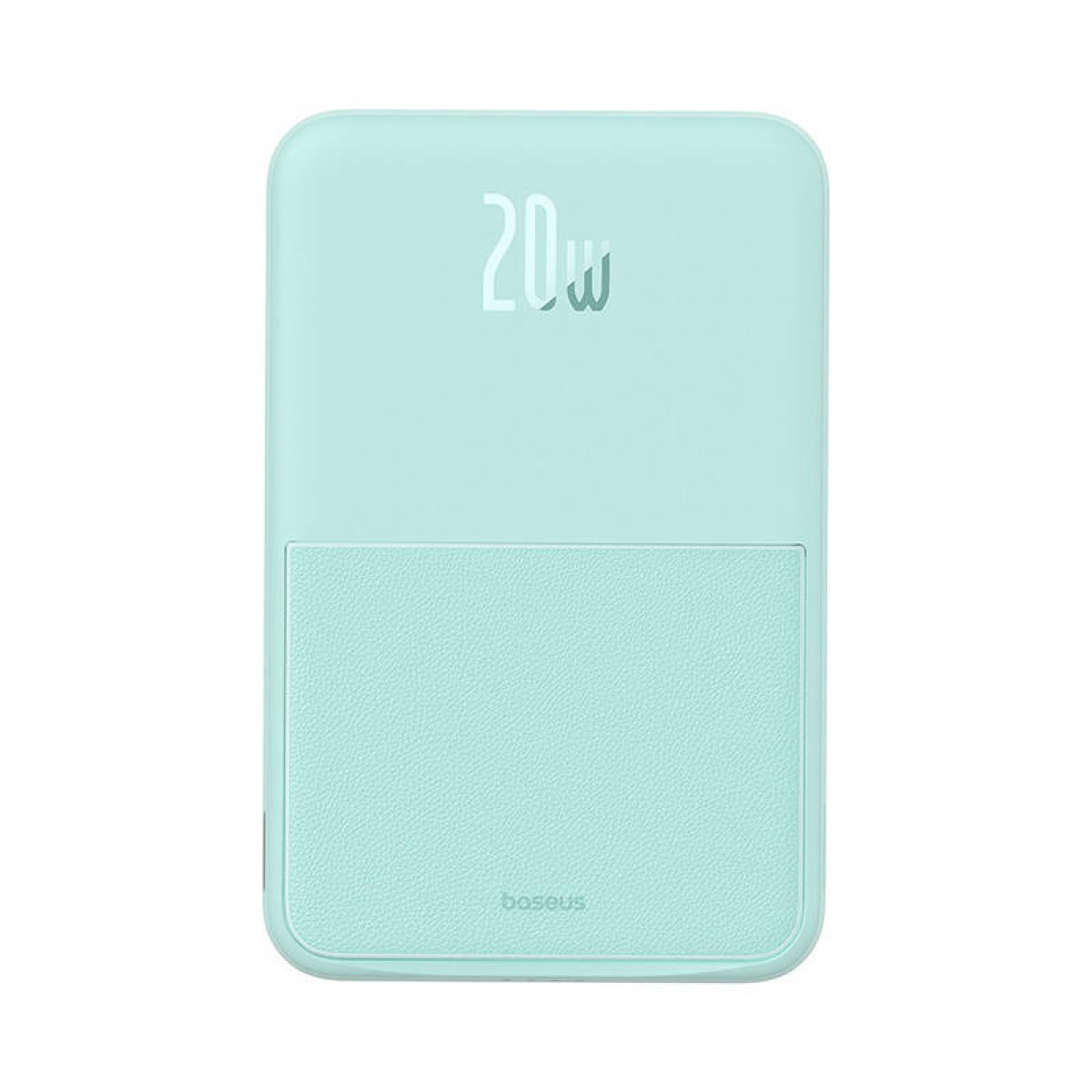 Nane yeşili bir powerbank. Üst kısımda 20w yazısı var. Alt kısım dokulu bir yüzeye ve baseus logosuna sahip.