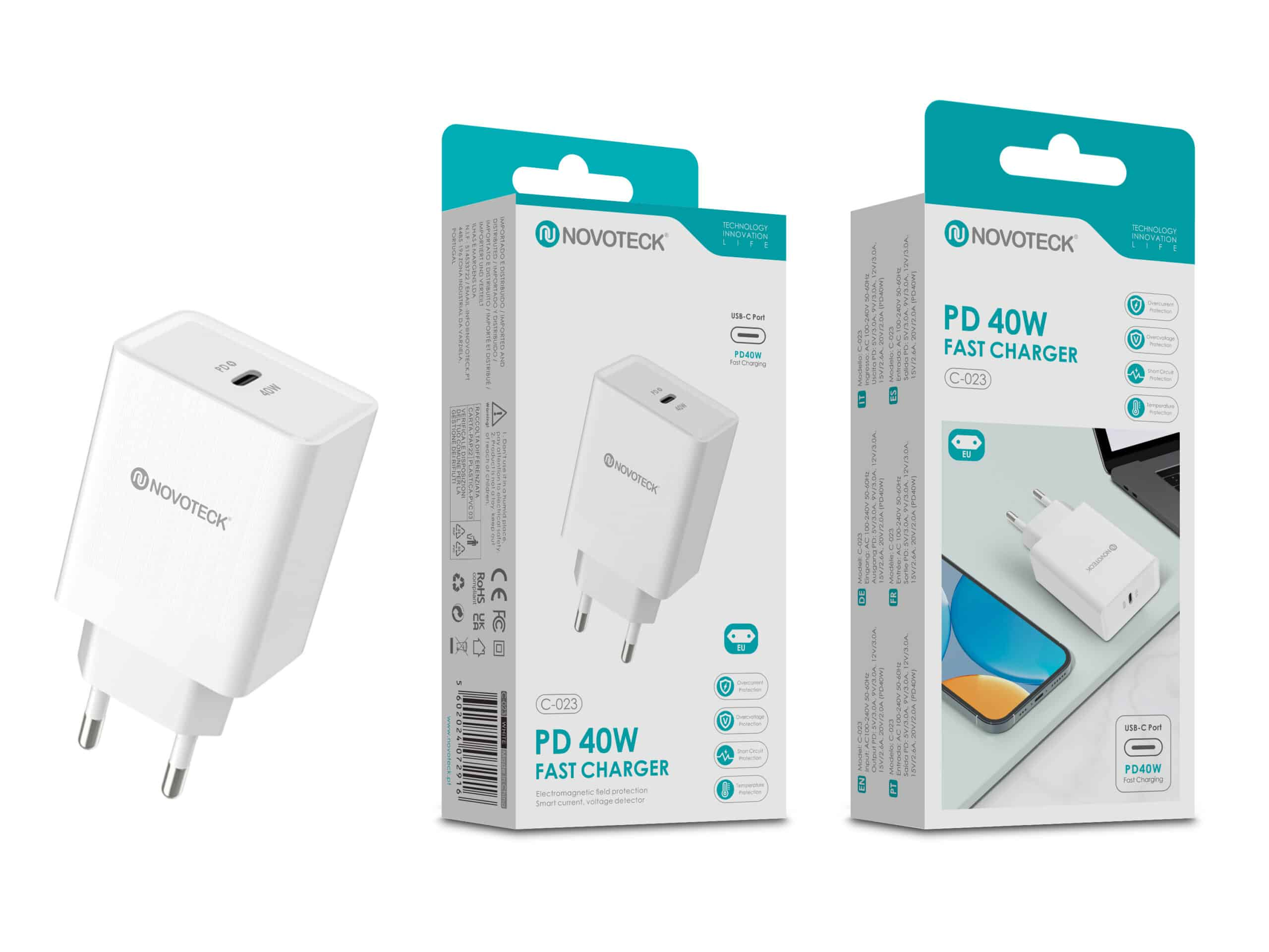 Un cargador rápido Novoteck PD 40W blanco. El embalaje muestra el producto y sus características.