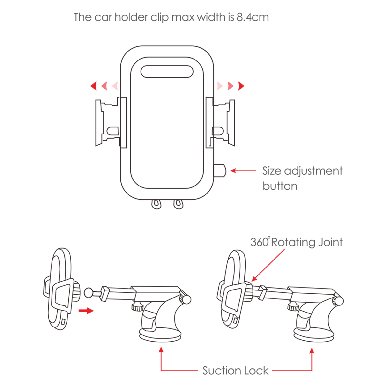 Diagrama de un soporte para teléfono de coche con ajuste de tamaño, junta de 360° y cierre de succión. Ancho máximo 8,4 cm.