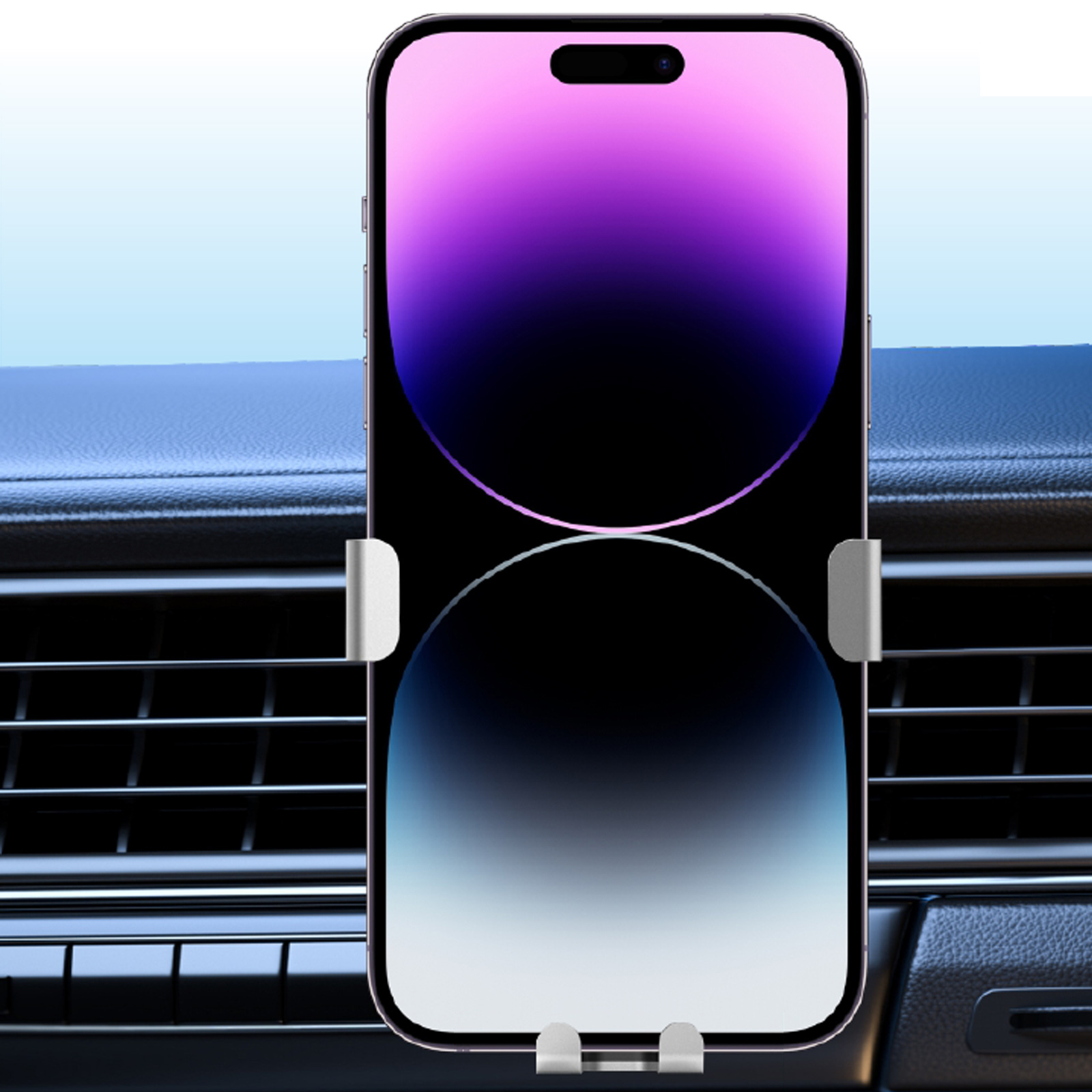 Un smartphone montado en una rejilla de ventilación del coche. La pantalla muestra un degradado morado y negro. Un soporte plateado sujeta el teléfono.