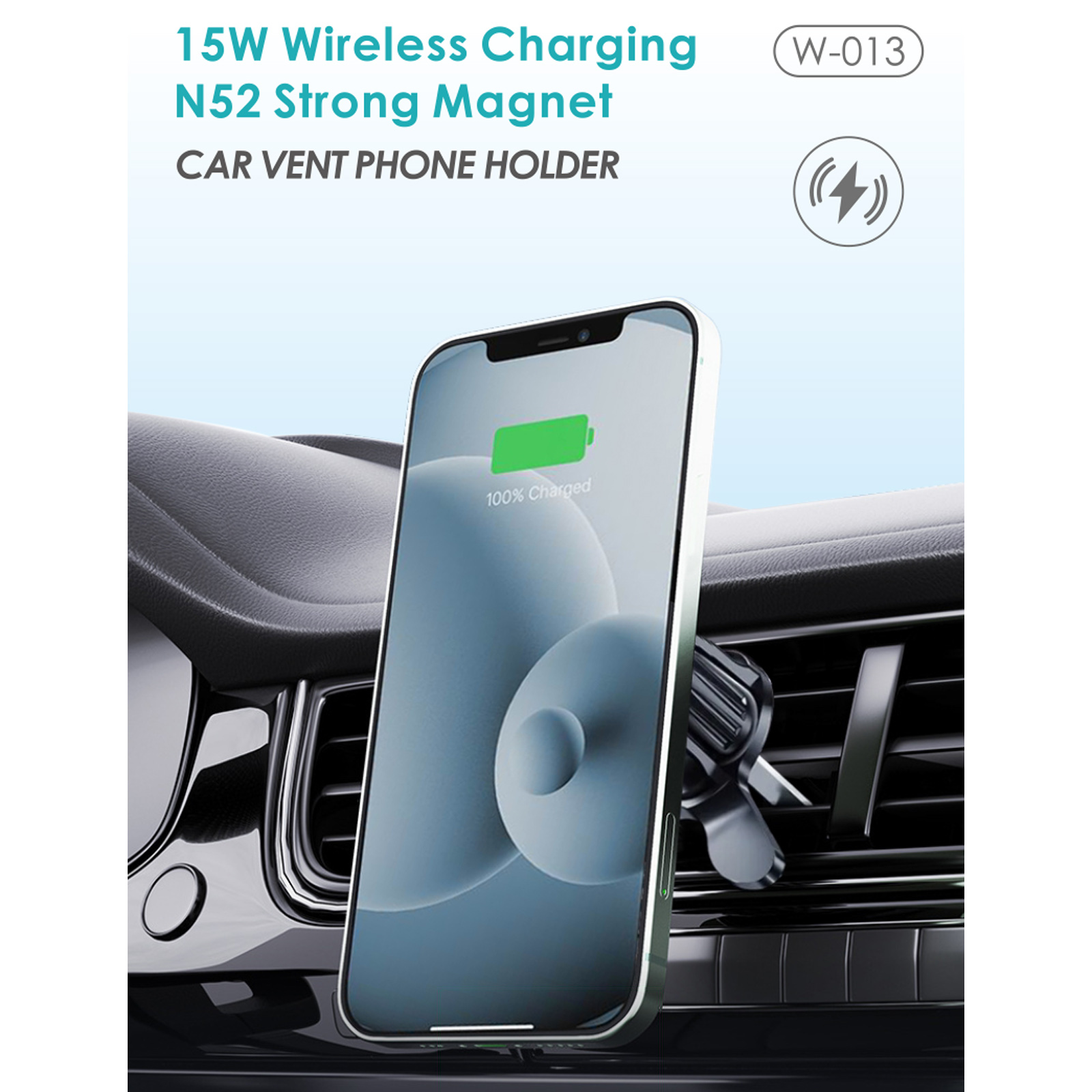 Un teléfono cargándose en un soporte de ventilación de coche. El teléfono muestra 100% cargado.