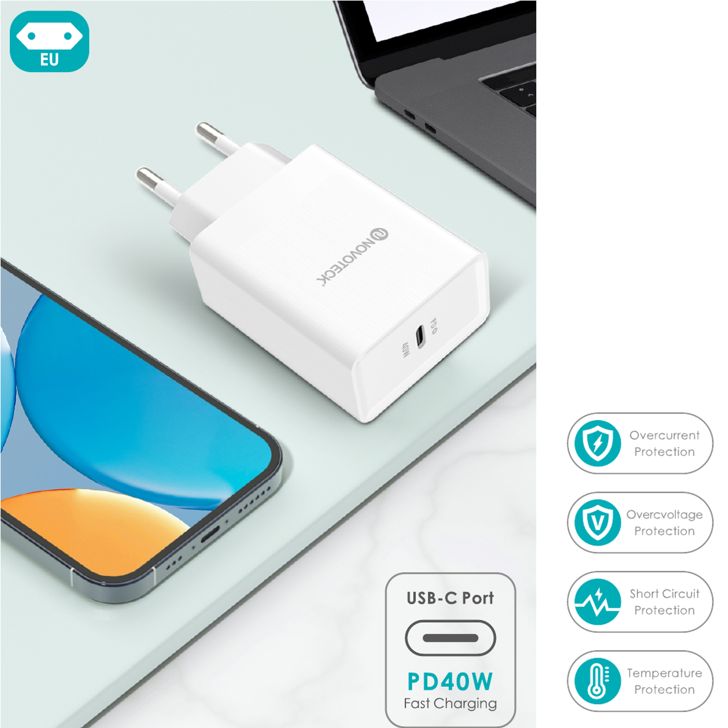 Cargador blanco con teléfono y portátil. El cargador tiene puerto USB-C, PD40W. Iconos de protección visibles.